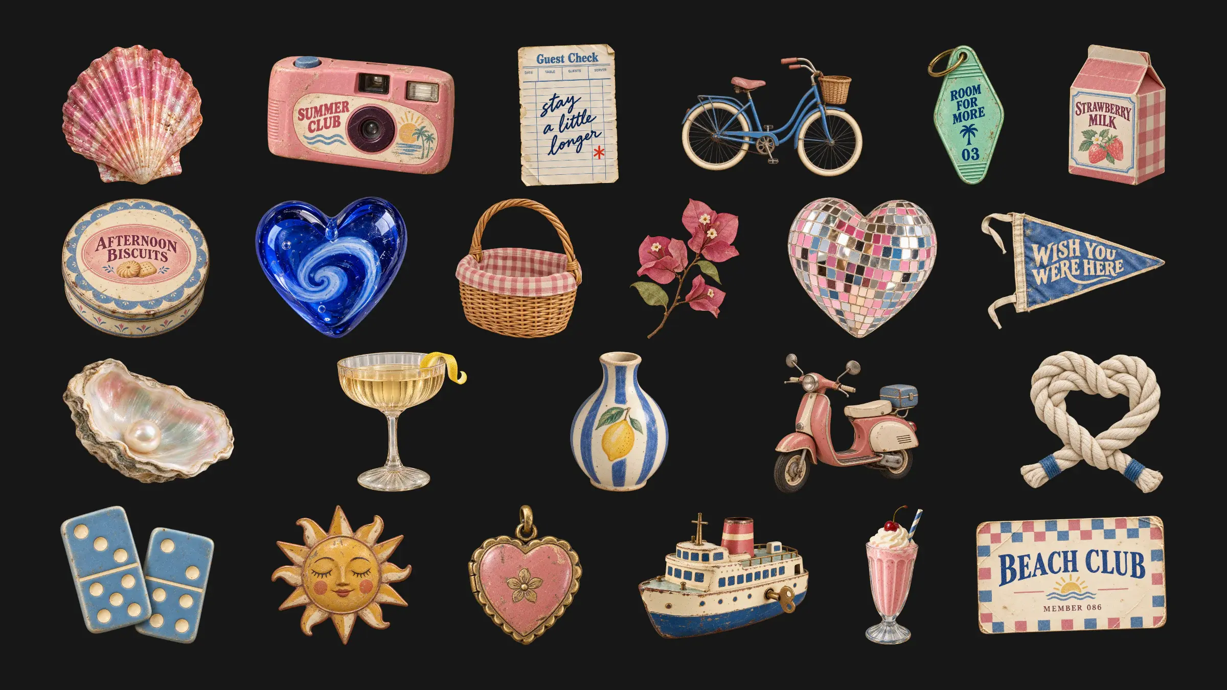 Twenty-three selected Beach-Town Souvenirs graphics arranged in four rows on flat charcoal, including shells, a mirrored heart, printed keepsakes, glass, and small vintage objects.