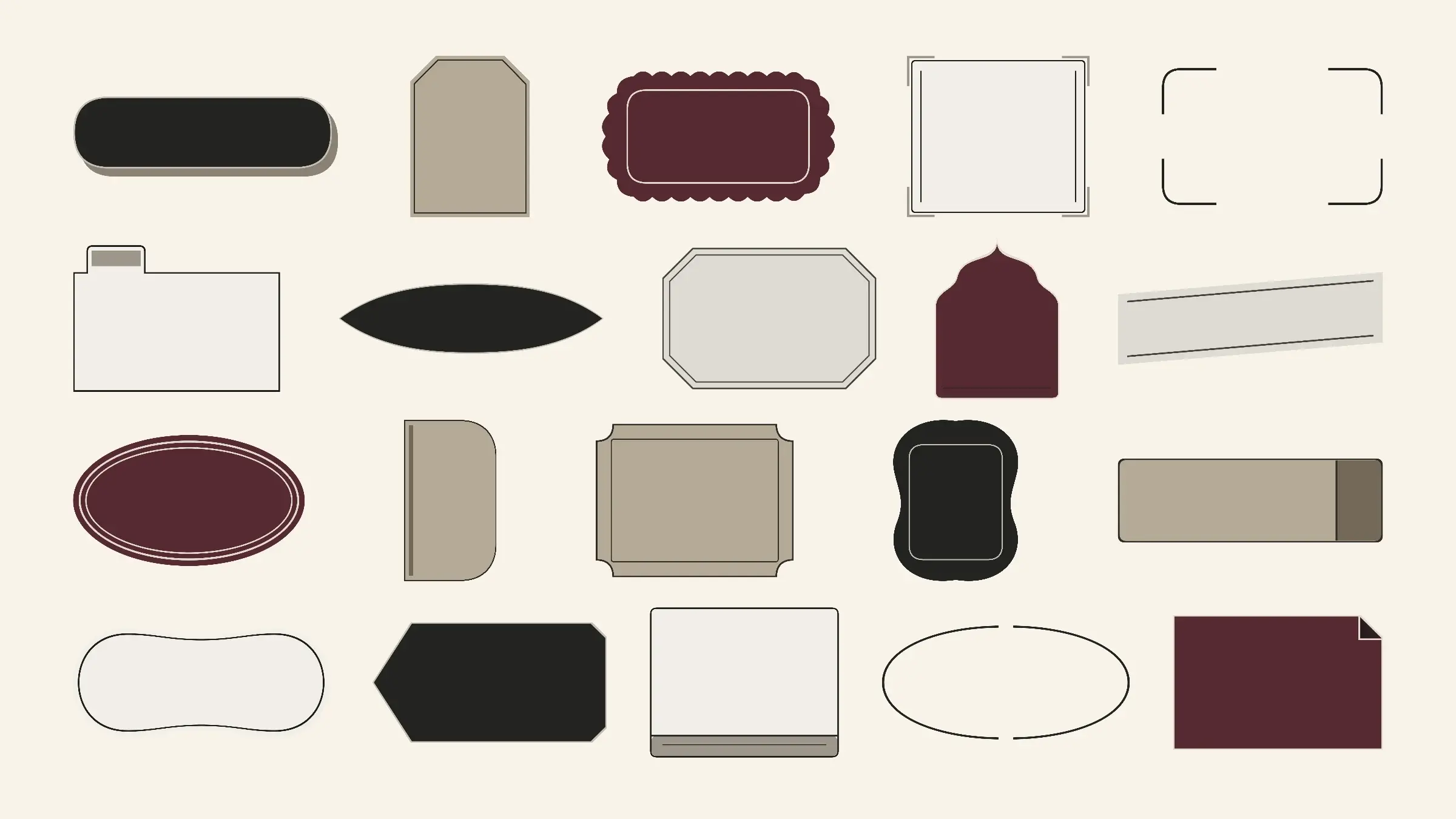 Twenty actual Blank Space components on warm cream, including pills, index tabs, scalloped labels, architectural arches, caption banners, and fine outline frames in ivory, charcoal, taupe, and oxblood.