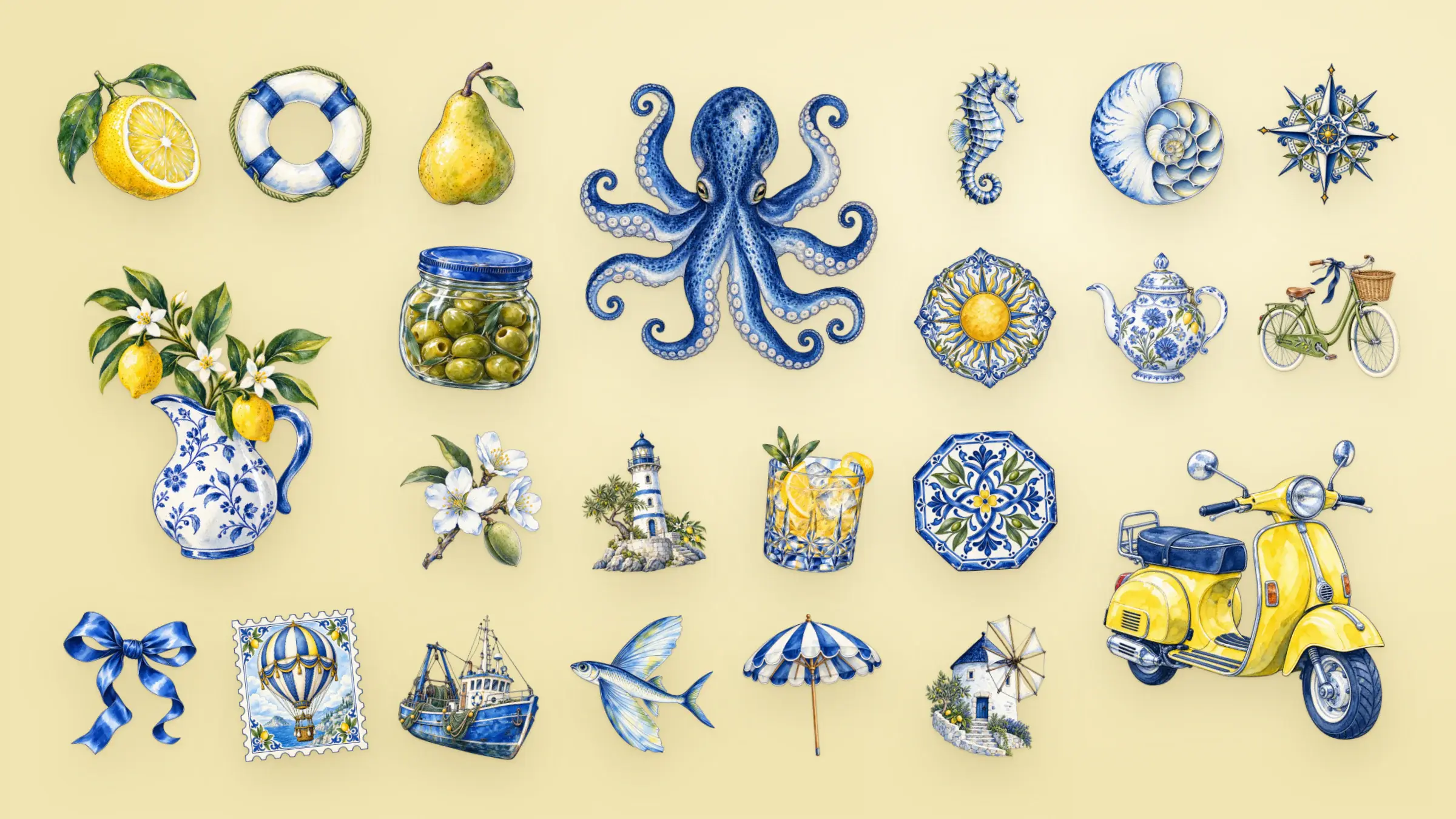 Twenty-three Blue Mediterranean graphics on pale lemon, with a citrus porcelain pitcher, an indigo octopus, and a yellow motor scooter drawn large among a lemon half, a life ring, a seahorse, a nautilus shell, a jar of olives, a teapot, a bicycle, a lighthouse, a lemon spritz, a fishing boat, a beach parasol, a windmill, and more.