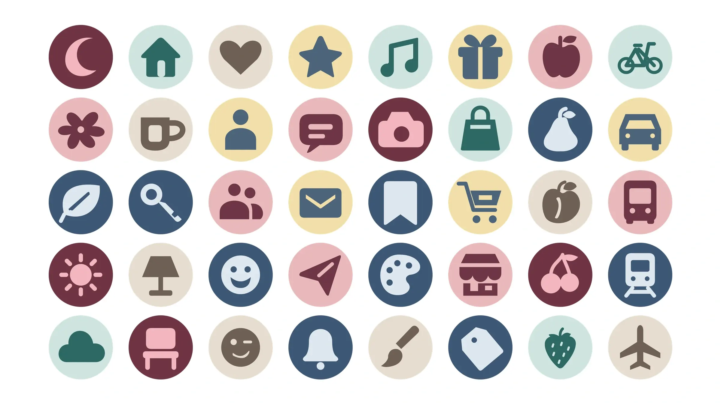 Forty Button Jar Icons badges in an even grid on a solid white background, five from each category, among them a moon, a house, a heart, a star, a music note, a gift, an apple, a bicycle, a camera, and a plane, in wine, sea glass, butter, dusty rose, denim, and oat.