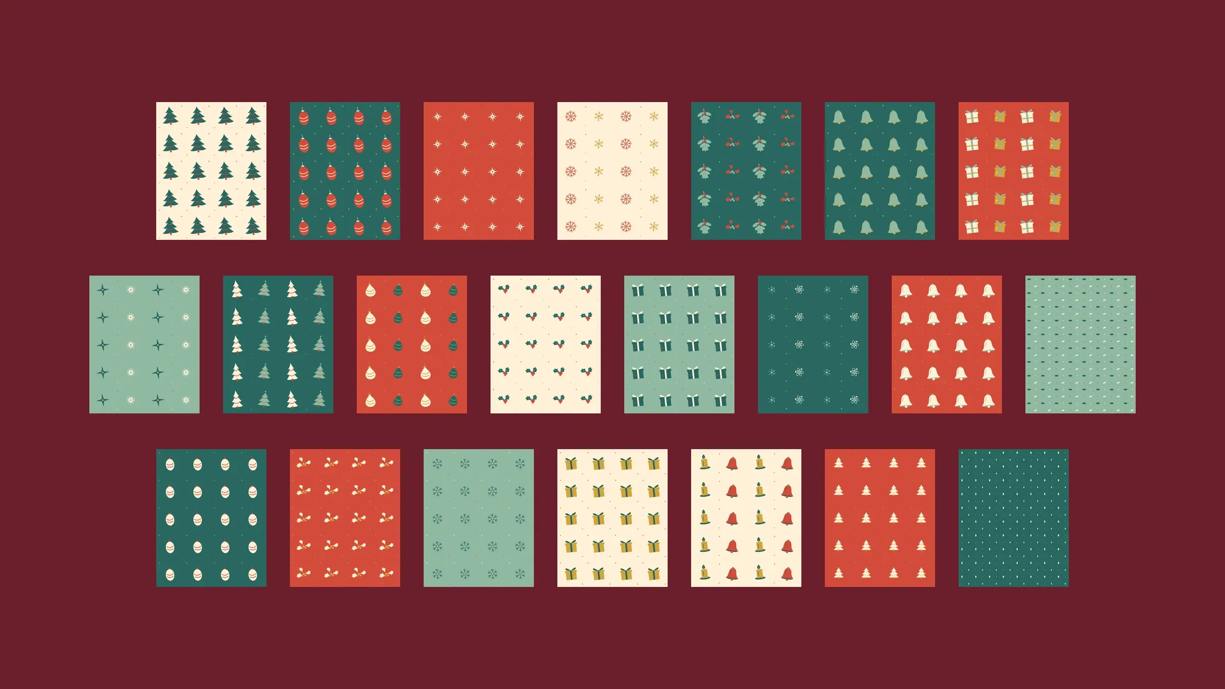 Twenty-two retro Christmas papers as straight swatches on a solid cranberry background: evergreen trees, ornaments, starbursts, snowflakes, holly, bells, gifts, and geometric coordinates in cream, tomato red, teal, mint, and mustard.