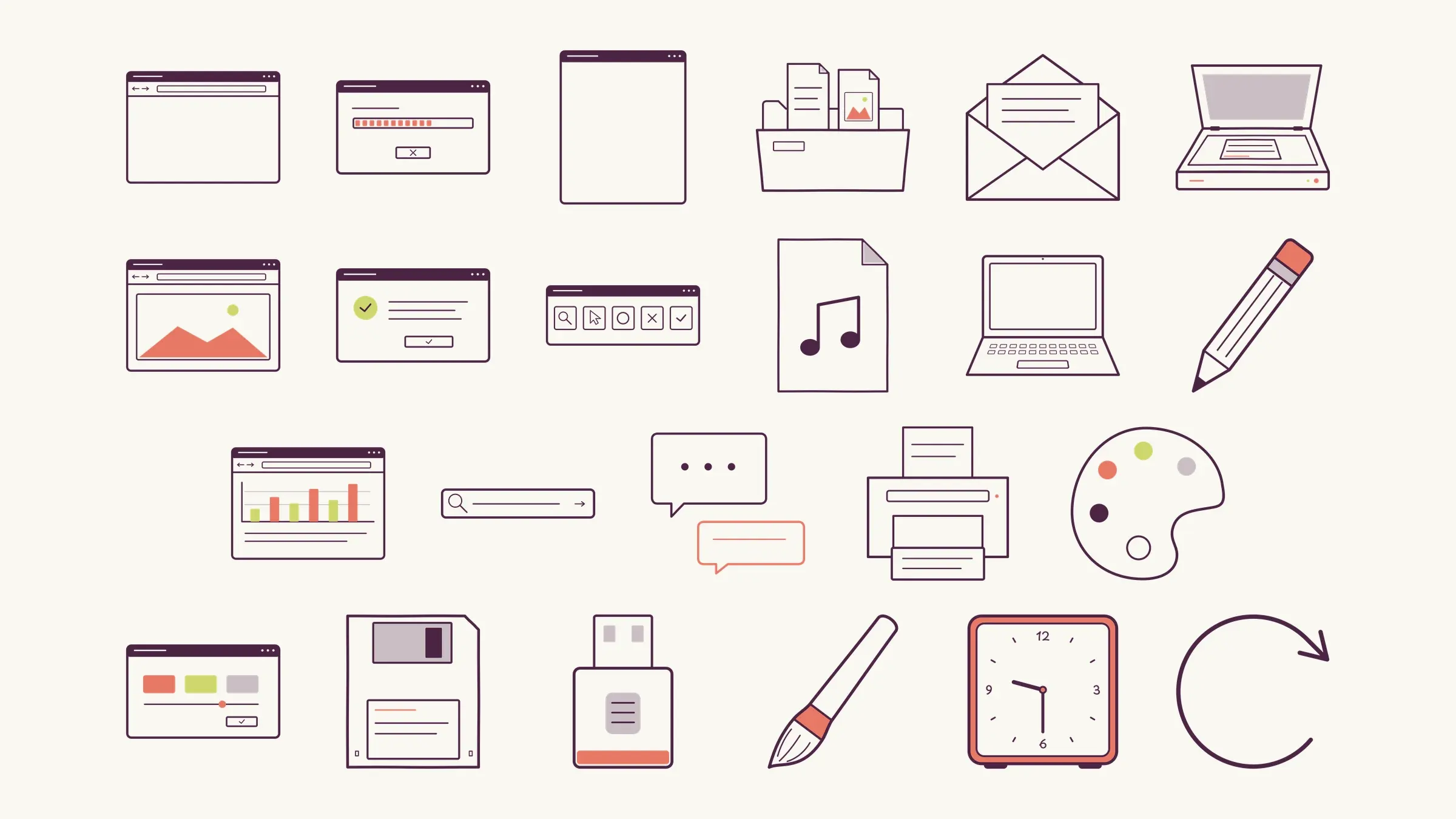 Twenty-three transparent desktop graphics in aubergine line work with coral, citron, and gray accents, including browser frames, dialog windows, an open folder, an envelope, a laptop, a printer, an artist palette, a paintbrush, and a clock badge, in four rows on a solid paper white background.