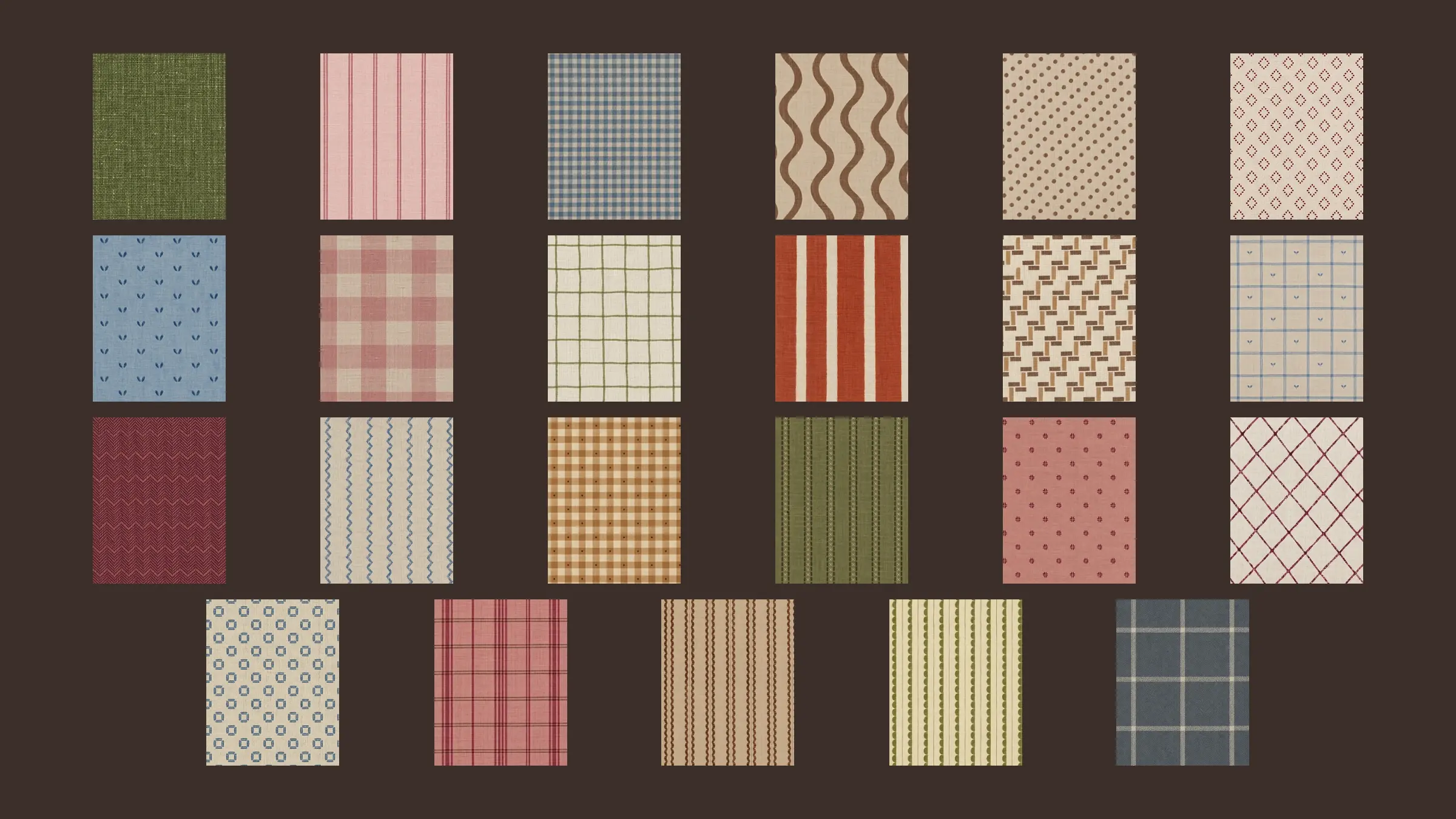 23 rectangular textile-inspired backgrounds in olive, rose, blue, cream, cocoa, and wine on a solid Deep Cocoa background.