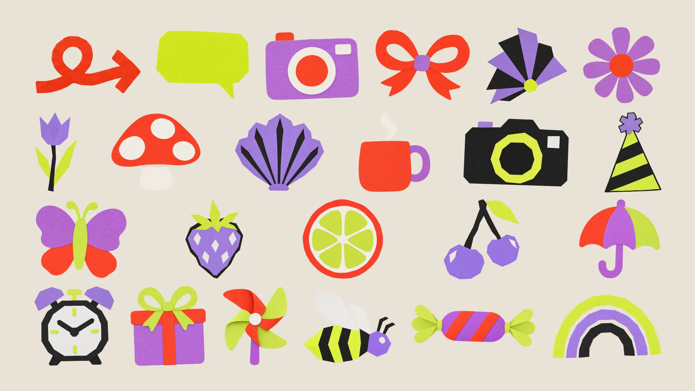 The same camera in Color Club and in After Hours on a solid warm paper background, with a Color Club gift box and twenty designs from both collections, among them an arrow, a speech bubble, a bow, a daisy, a tulip, a mushroom, a butterfly, a strawberry, cherries, an alarm clock, and a bee.