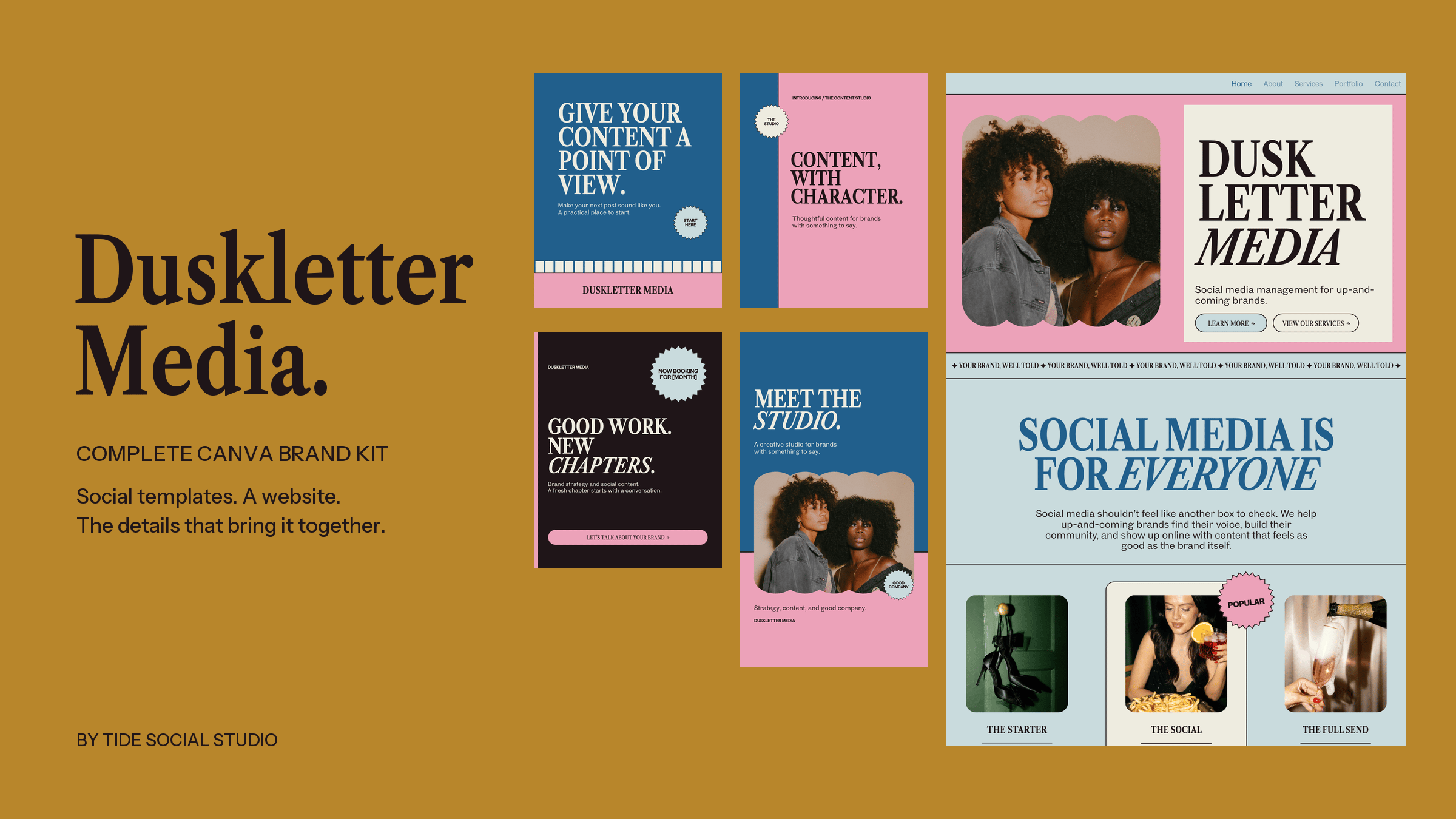 The Duskletter Media title in large ink type, beside a carousel cover, a Story, two posts, and a tall Home-page website preview from the kit, on a solid ochre background.