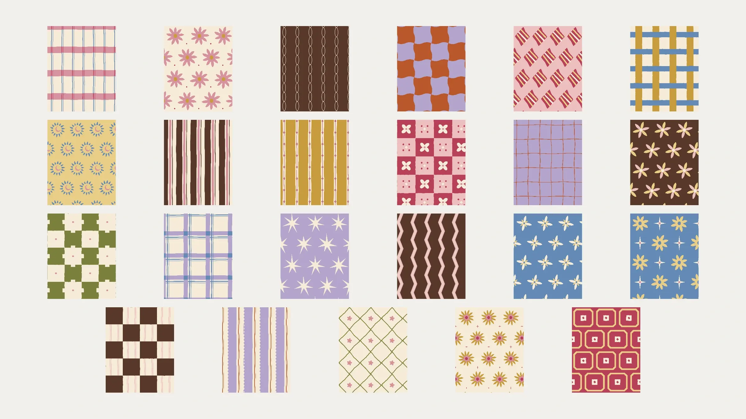 Twenty-three colorful striped, floral, plaid, checked, and geometric Fancy That backgrounds arranged straight in four balanced rows on a solid Soft Chalk background.