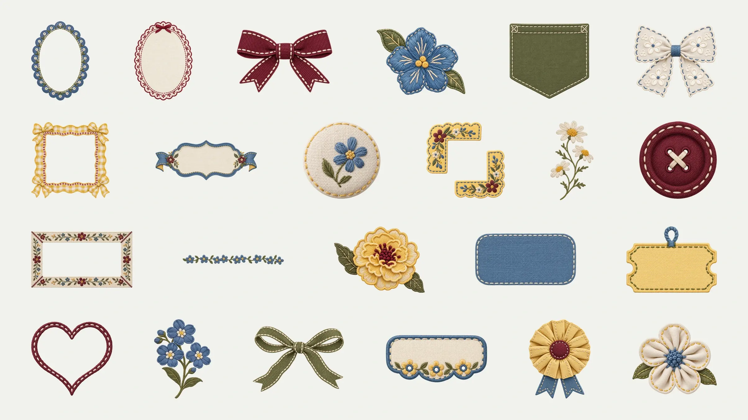 Twenty-three Fine Thread stitched frames, fabric labels, ribbons, embroidered flowers, bows and buttons arranged in four balanced rows on a solid cotton white background.