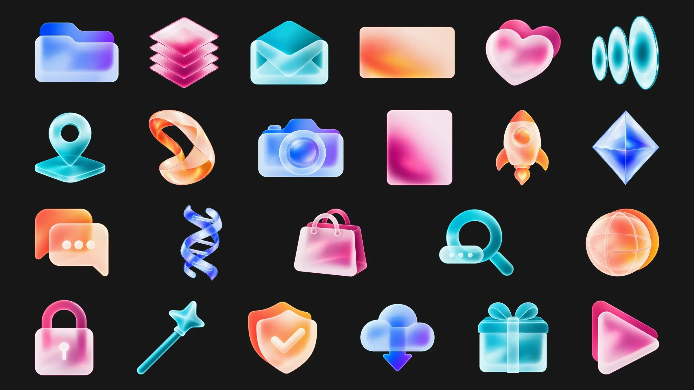 Twenty-three frosted-glass icons, geometric accents, and blank panels in Blue Violet, Rose Glow, Lagoon, and Apricot Glow, arranged in four rows on a solid charcoal background.