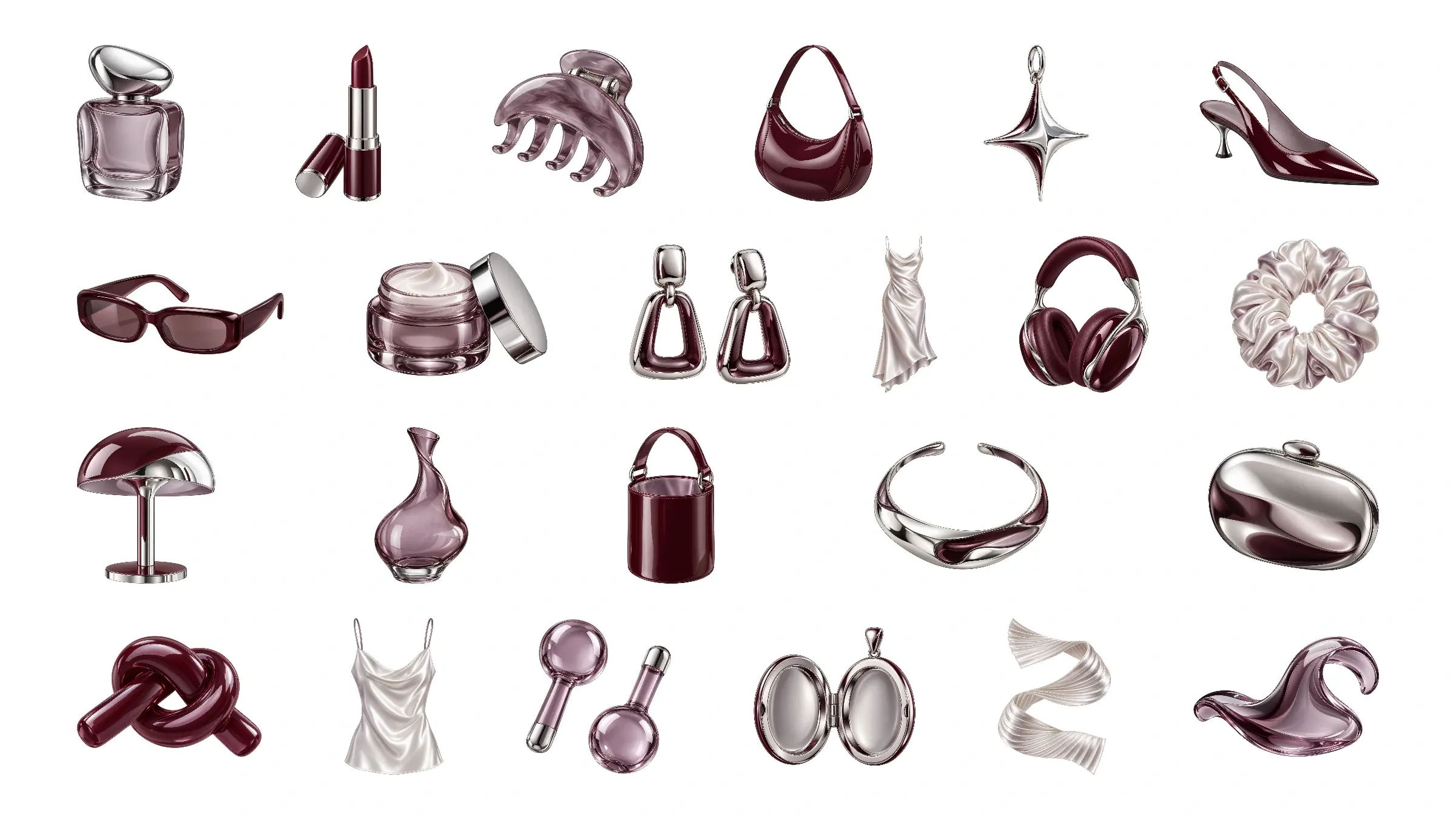 Twenty-three Gloss Studio beauty, fashion and sculptural graphics in cherry, silver, smoky lilac and pearl arranged in four balanced rows on a solid white background.