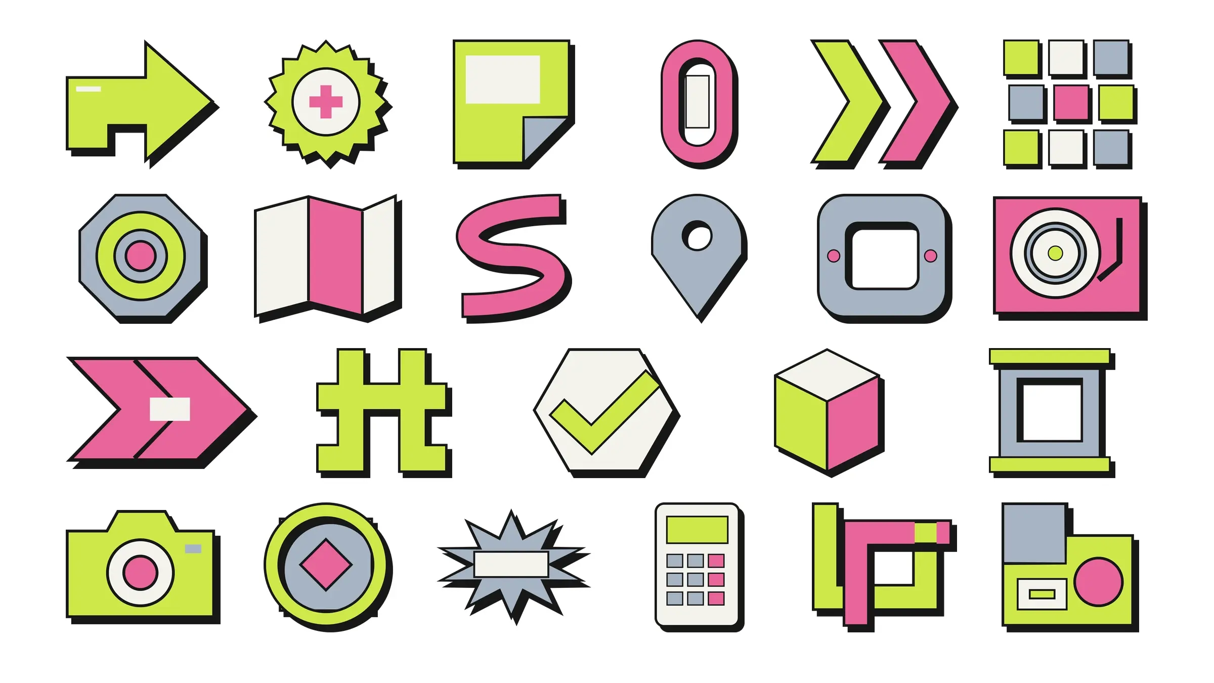 Twenty-three neo-brutalism graphics with bold contours, acid green, raspberry, steel, and chalk fills arranged in four rows on a solid white background.