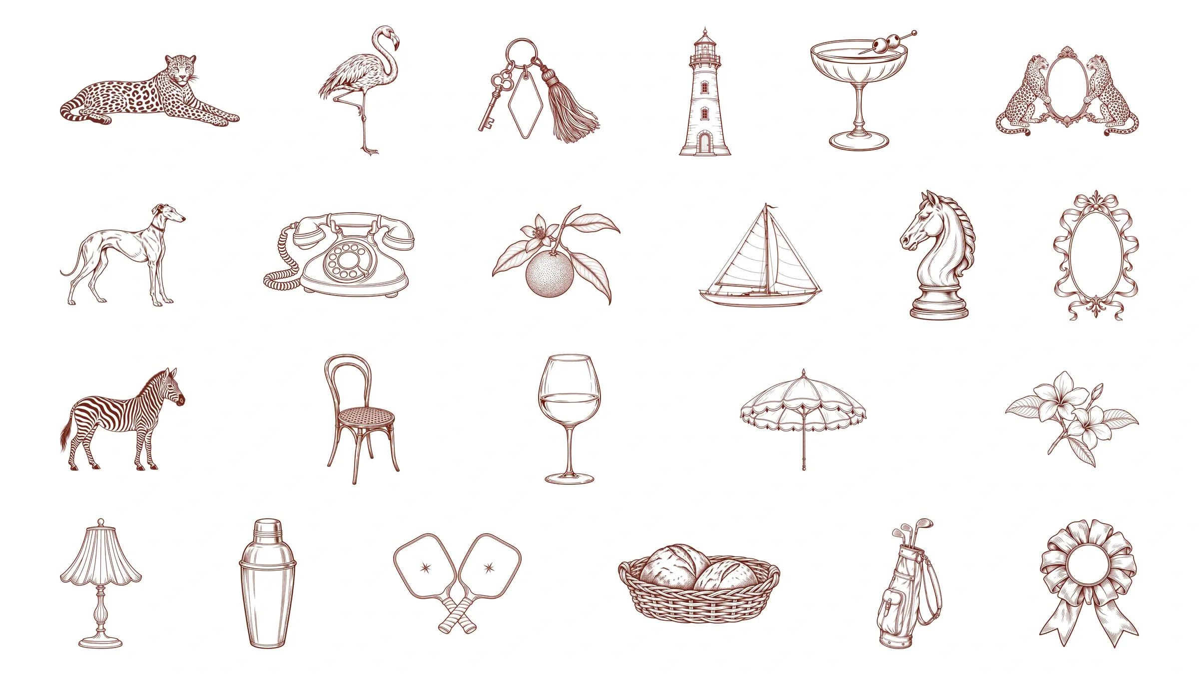 Twenty-three oxblood ink drawings, including a reclining leopard, flamingo, room key, lighthouse, cocktail coupe, sailboat, bistro chair, and ribbon frame, arranged in four rows on a solid white background.