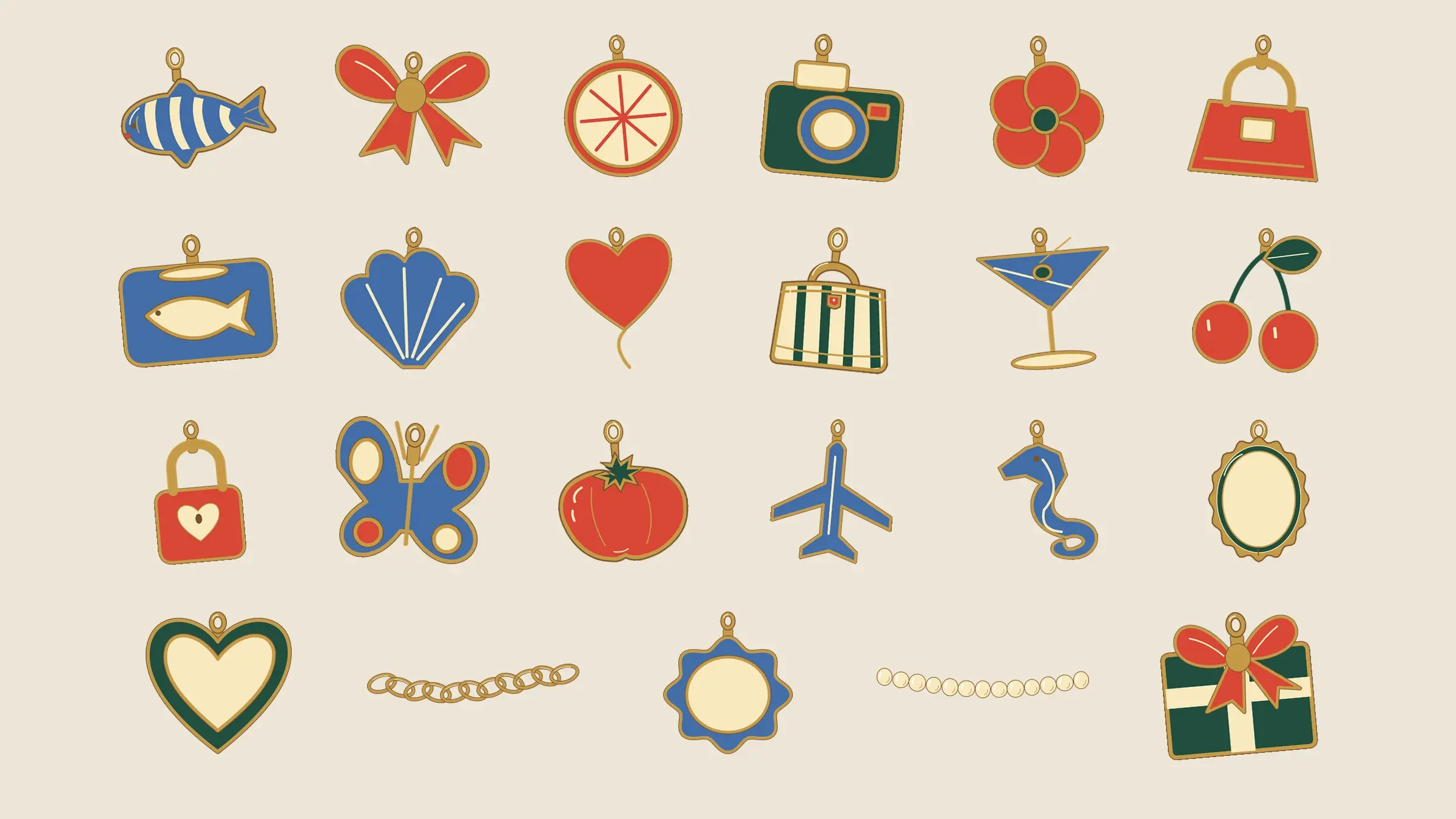 Twenty-three enamel-style charms, blank tags, chains, and pearls arranged in four rows on a solid Linen Ivory background.