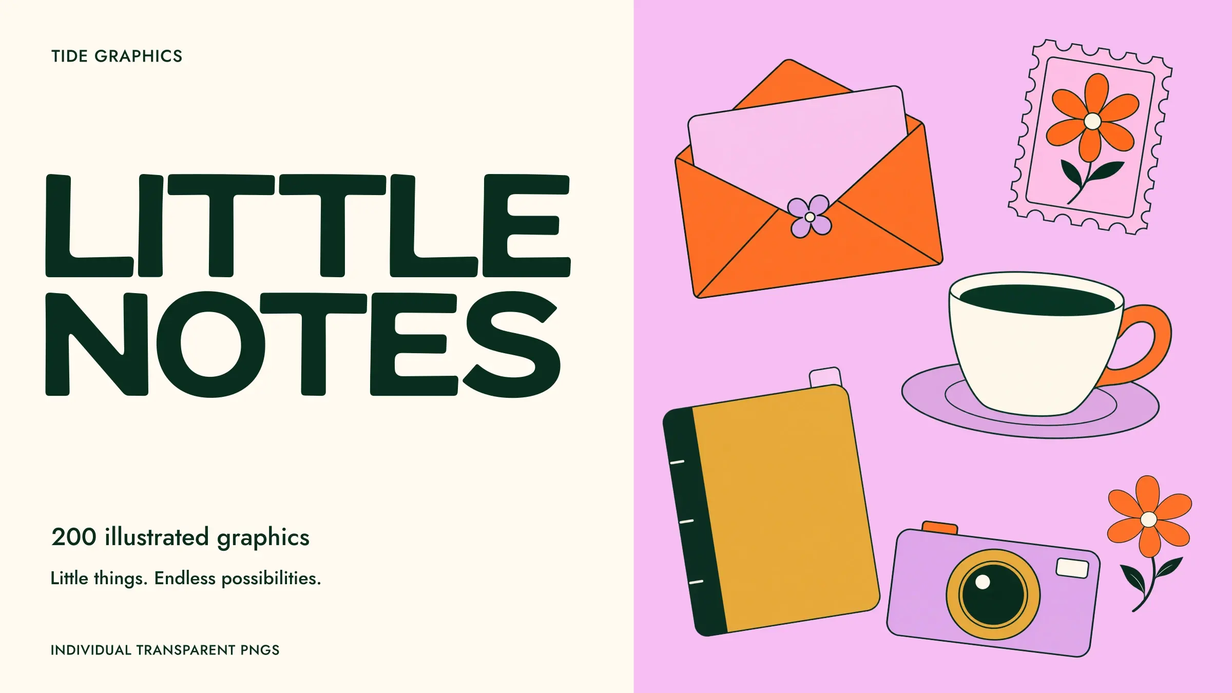 Little Notes: 200 illustrated graphics. Forest display type on cream beside an orange envelope, daisy stamp, coffee cup, notebook, camera and flower arranged on pink.