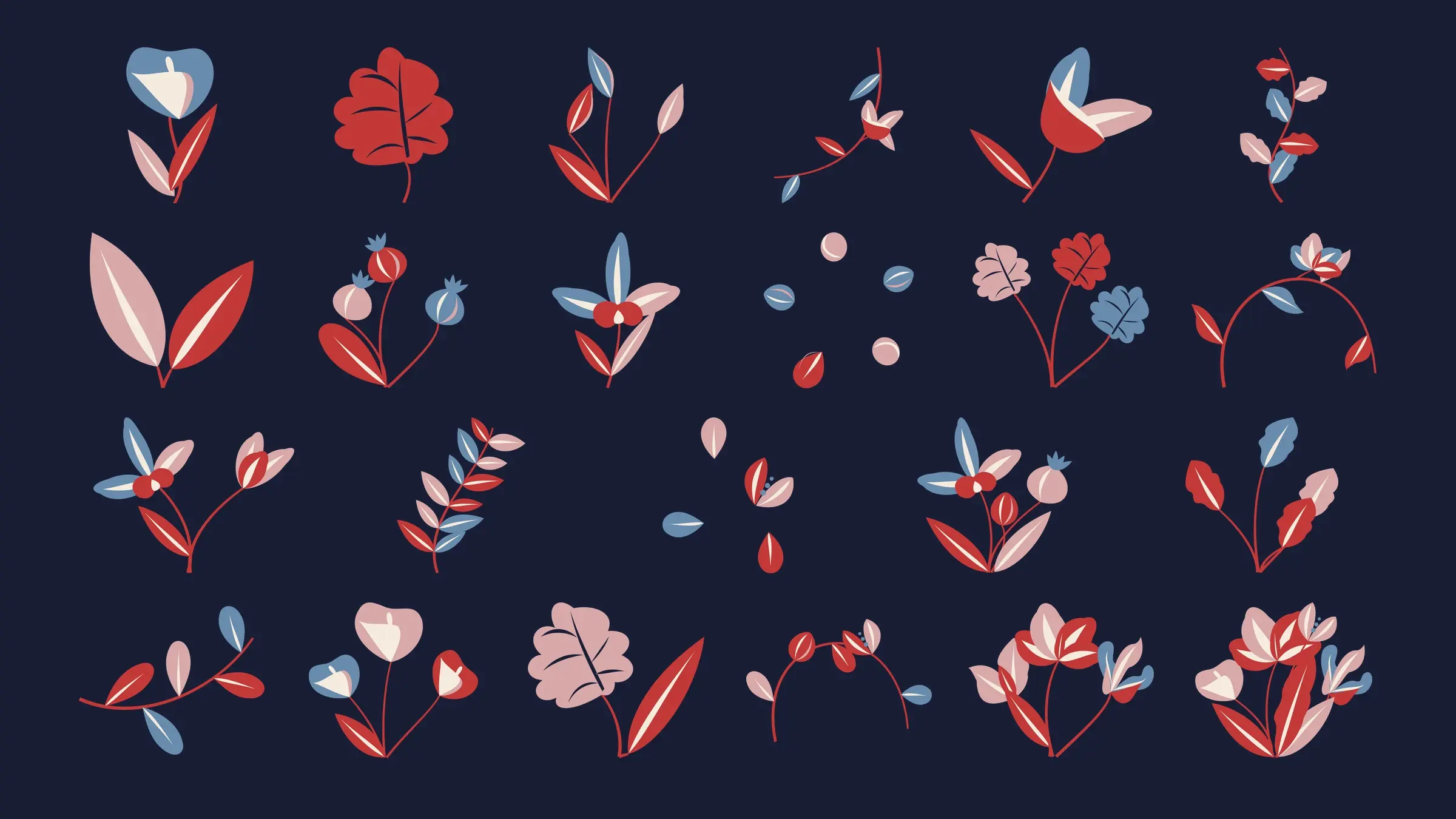 Twenty-three sculptural botanical graphics in cherry, sky blue, ivory, and blush arranged in four rows on a solid midnight blue background.
