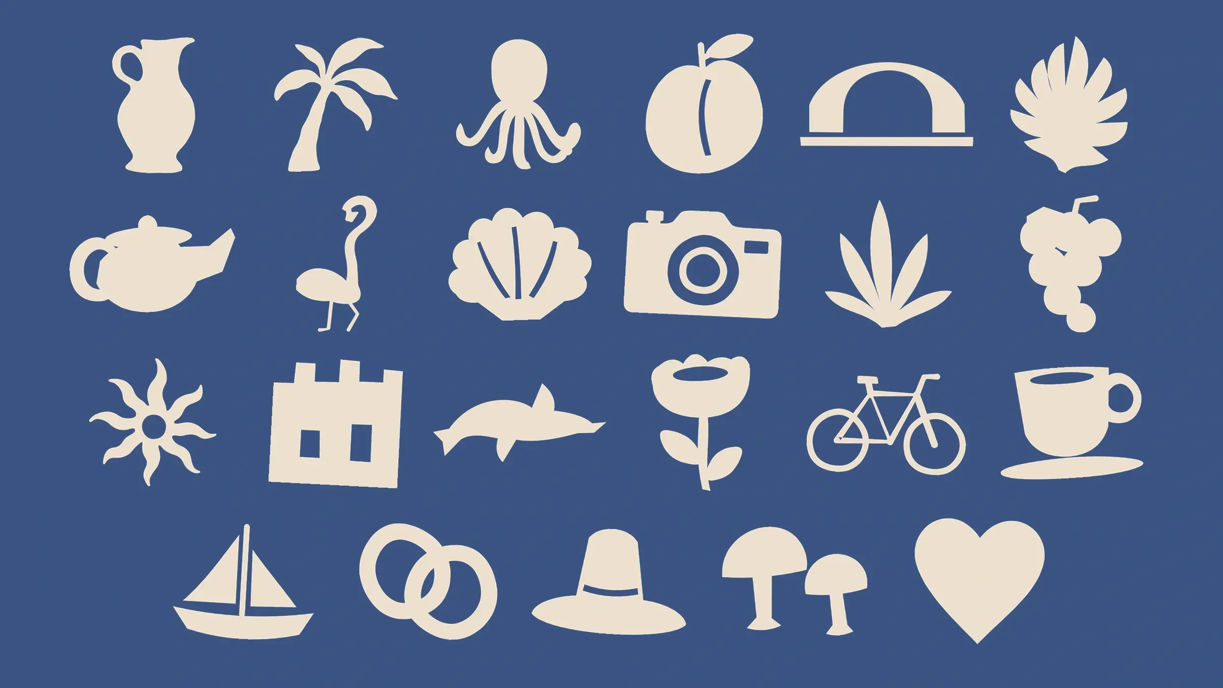 Twenty-three Paprika Patio silhouettes from the Cream PNG colorway on a solid deep cornflower background, among them a pouring jug, a palm, an octopus, a peach, a teapot, a flamingo, a scallop shell, a camera, a ripple sun, a dolphin, a bicycle, a sailboat, and a heart.