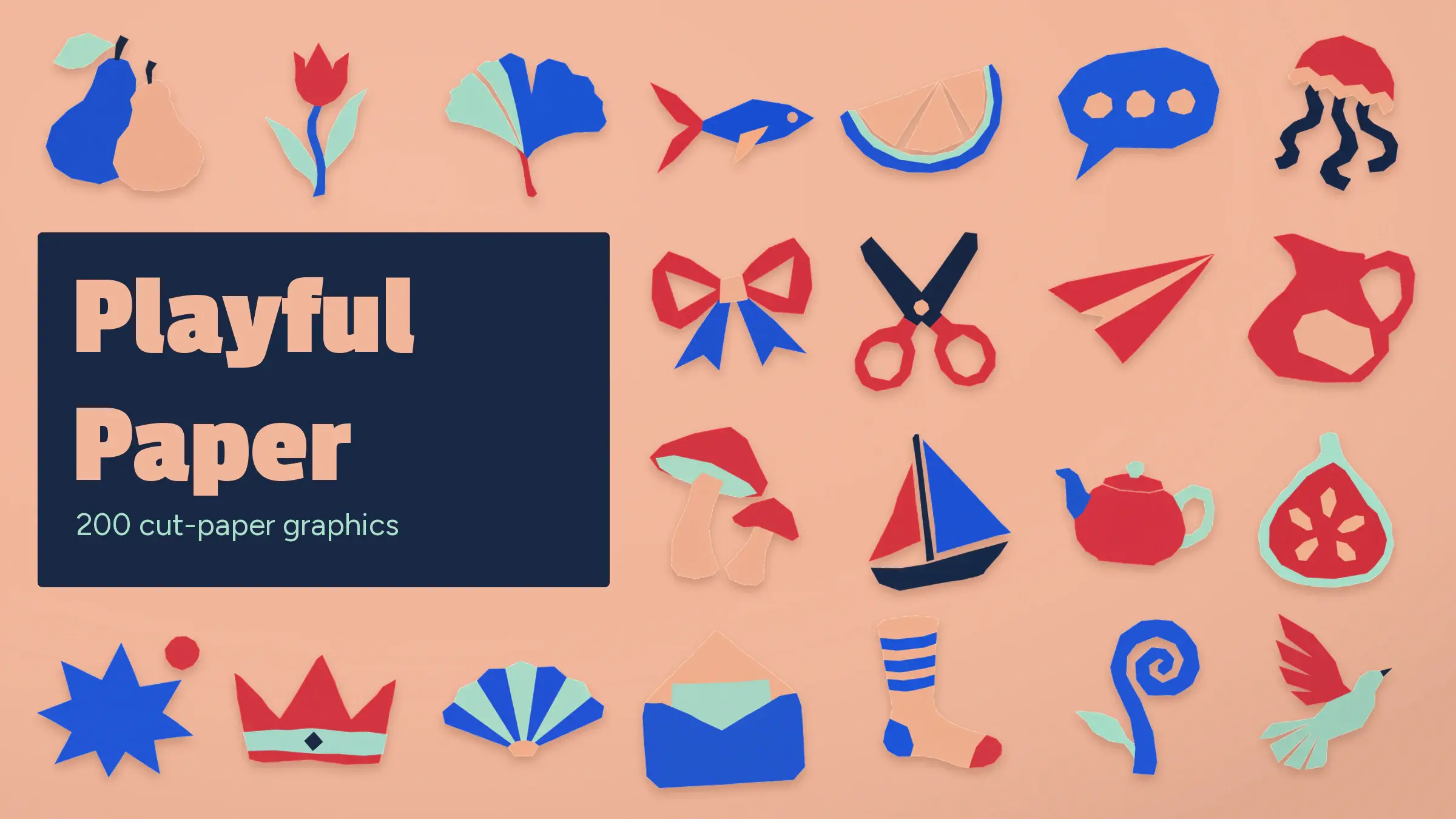 Playful Paper cover with navy lettering and cut-paper tulip, pears, ginkgo leaf, scissors and bow on peach.