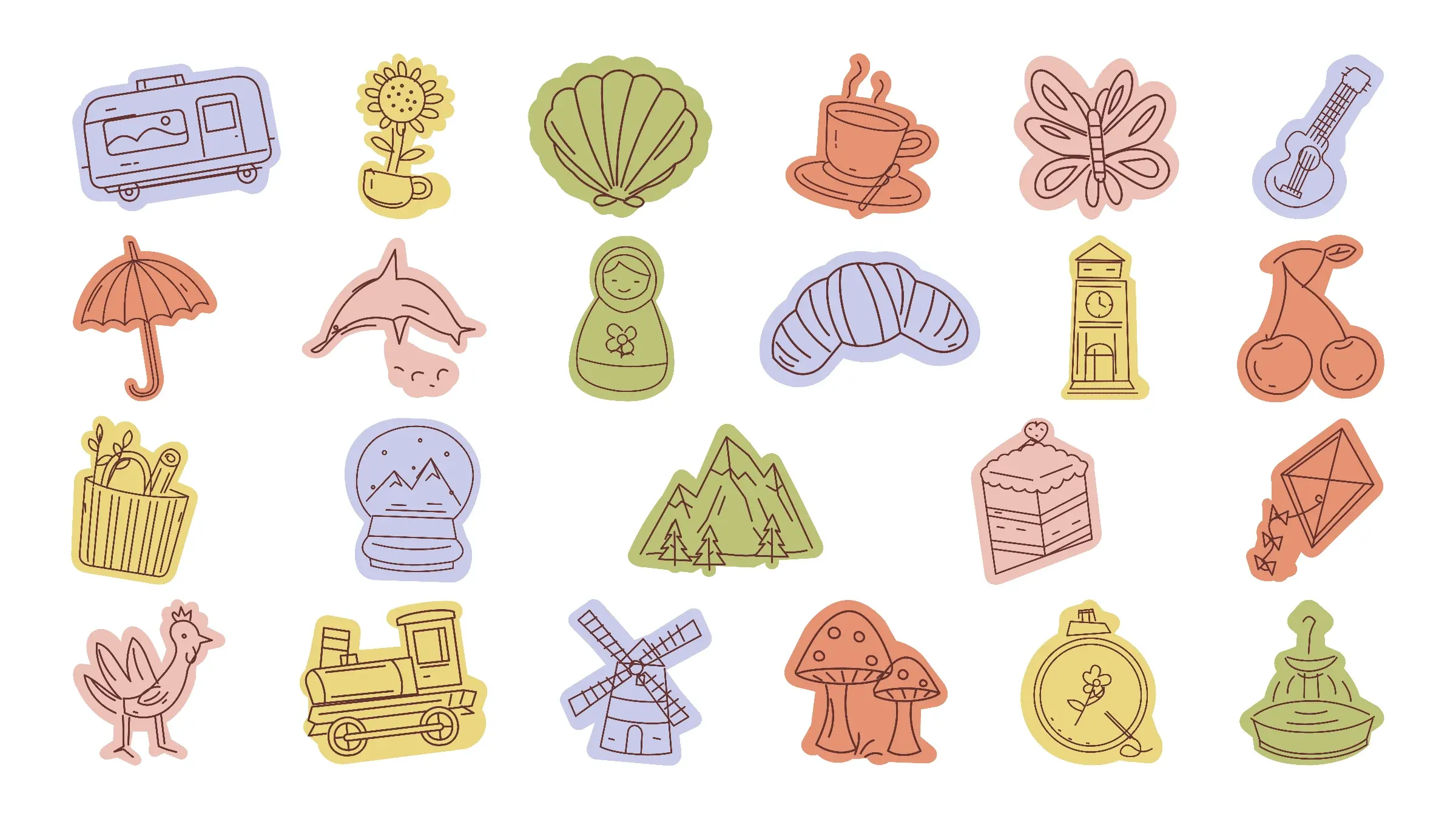 Twenty-three actual Postcard Days drawings on a flat white background, including travel, seaside, market, garden, countryside, and hobby motifs.