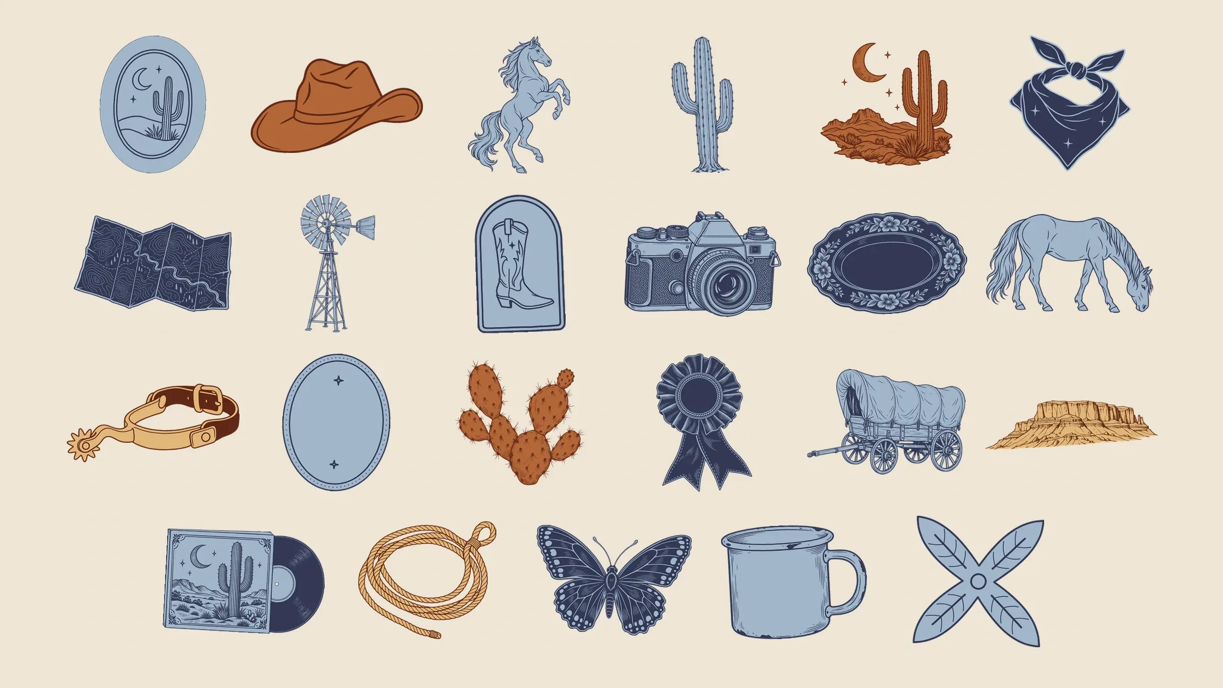 Twenty-three Western souvenir illustrations from Prairie Postmark Graphics on a solid warm paper background, among them a desert emblem, a cowboy hat, a rearing horse, a saguaro, a bandana, a folded trail map, a windmill, a boot badge, a film camera, a covered wagon, riding spurs, a lariat, a butterfly, and an enamel mug, in dusty blue, indigo, rust, oxblood, and wheat.