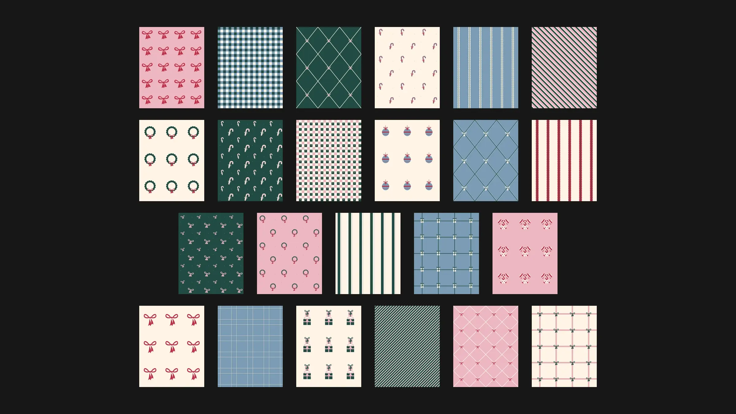 Twenty-three of the collection's full-page papers, with bows, ribbon stripes, gingham, ribbon trellises, scalloped trims, wreaths, candy canes, and ornaments in cream, red, evergreen, pink, and blue, laid out straight in four rows on a solid charcoal background.