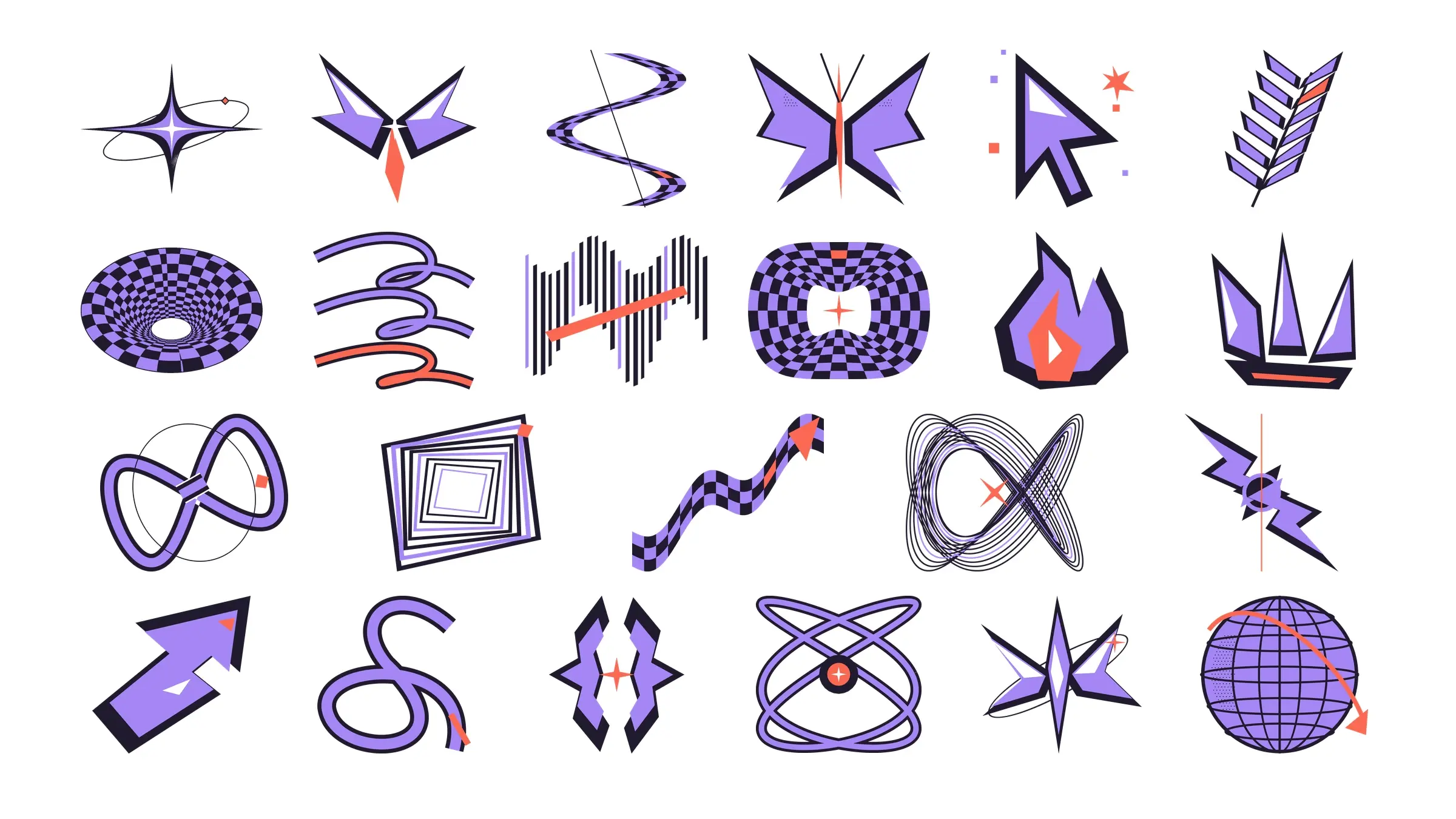 Twenty-three sharp stars, orbital marks, checker ribbons, digital motifs, and abstract glyphs arranged in four rows on a solid white background.