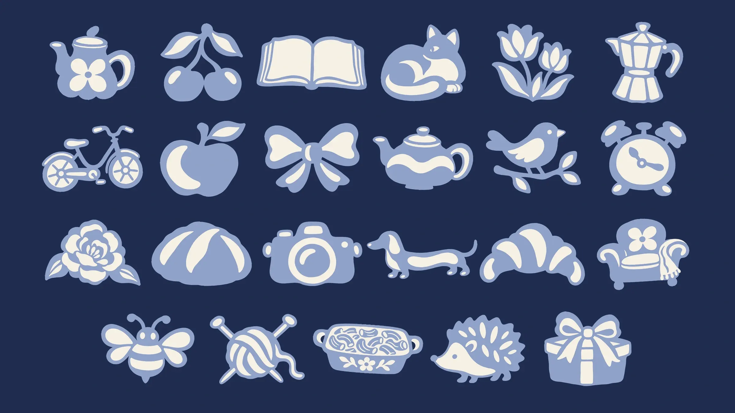 Twenty-three Small Comforts designs on a solid classic navy background, among them a teapot, cherries, an open book, a sleeping cat, tulips, a bicycle, a bow, a dachshund, a croissant, a hedgehog, and a gift box, in Wisteria Blue and Old Lace.