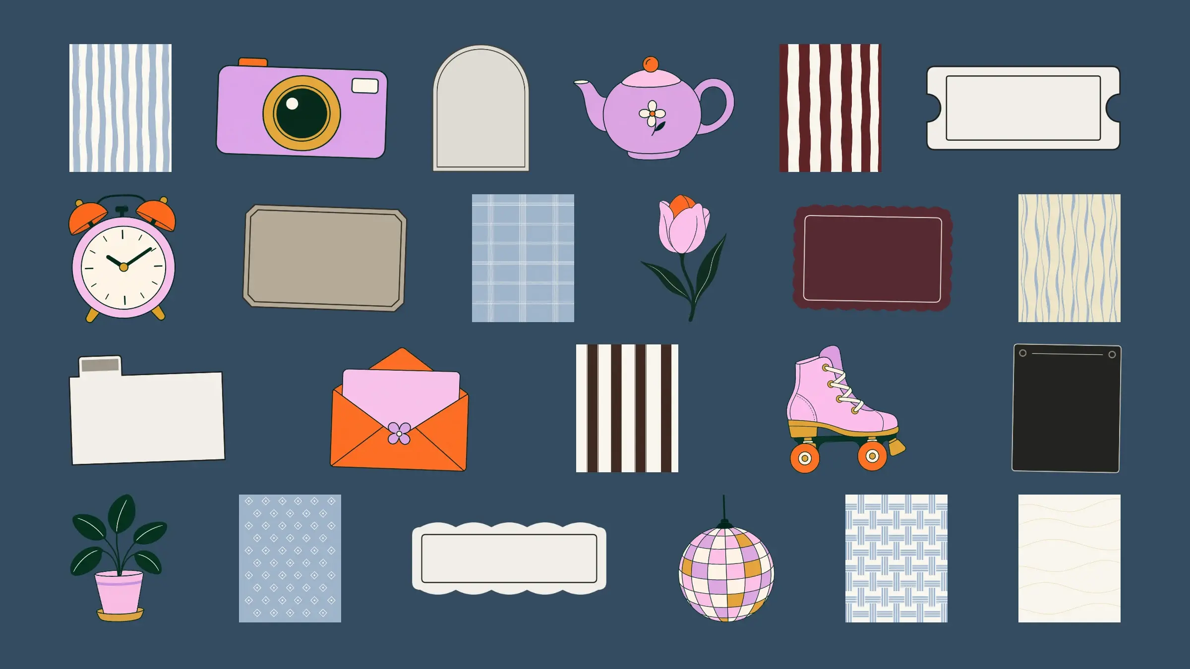 Twenty-three actual Little Notes illustrations, Wallpaper Edit backgrounds, and Blank Space components in four balanced rows on a solid ink blue background.