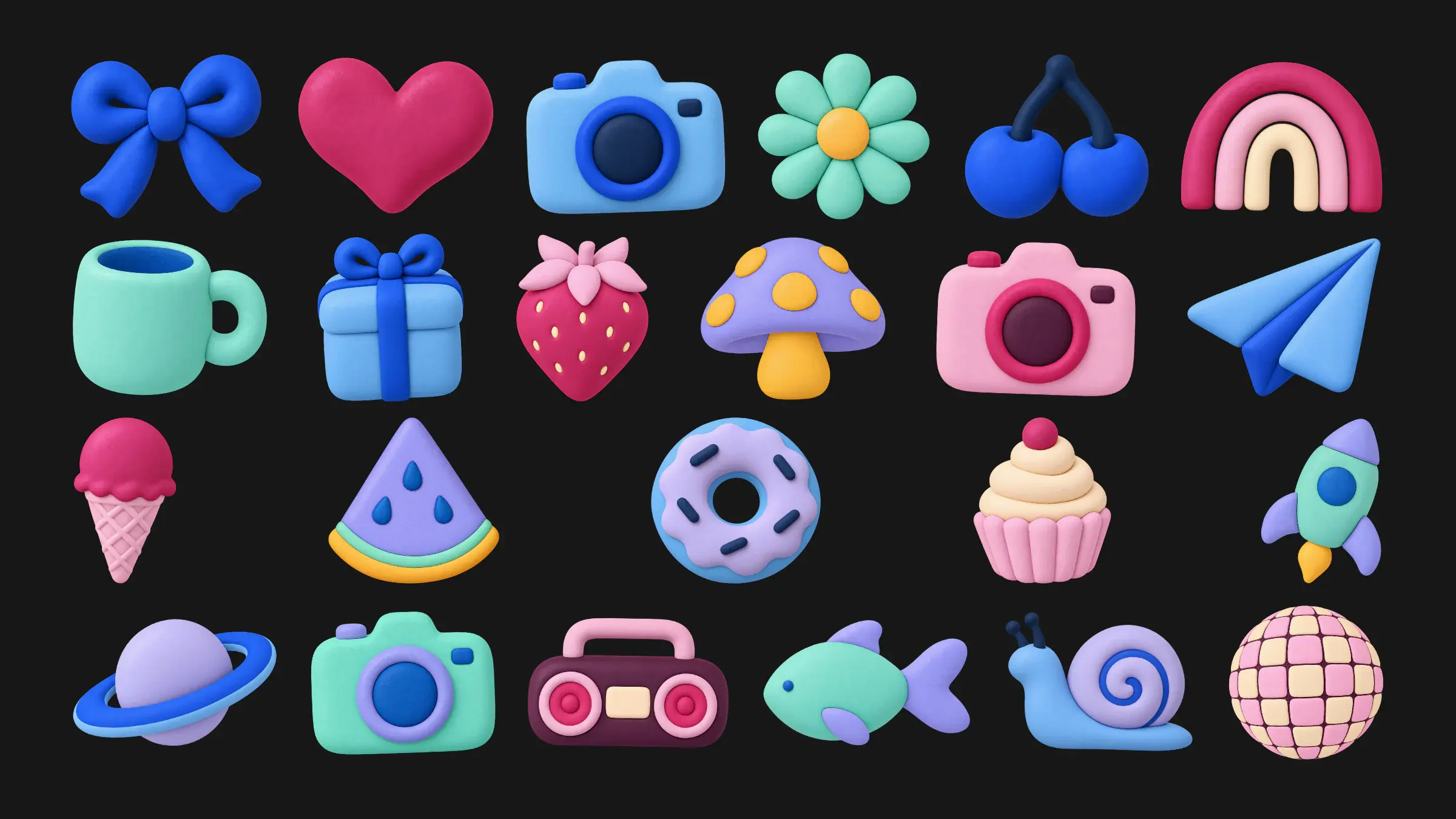 The same camera in Blue Studio, Berry Cream, and Pool Party on a solid background, with twenty designs from the three palettes, among them a bow, a heart, a daisy, cherries, a rainbow, a gift box, a strawberry, a mushroom, a doughnut, a cupcake, a rocket, and a disco ball.