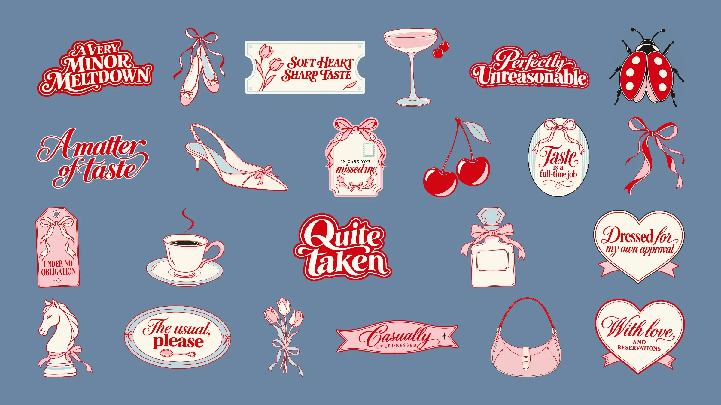 Twenty-three Soft Regards phrase graphics and illustrations arranged in four balanced rows on a solid French Blue background.