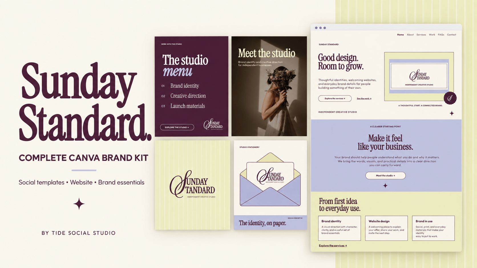 Sunday Standard Complete Canva Brand Kit cover with four social design previews and a Home page website mockup in cream, pale green, wine, and lilac.