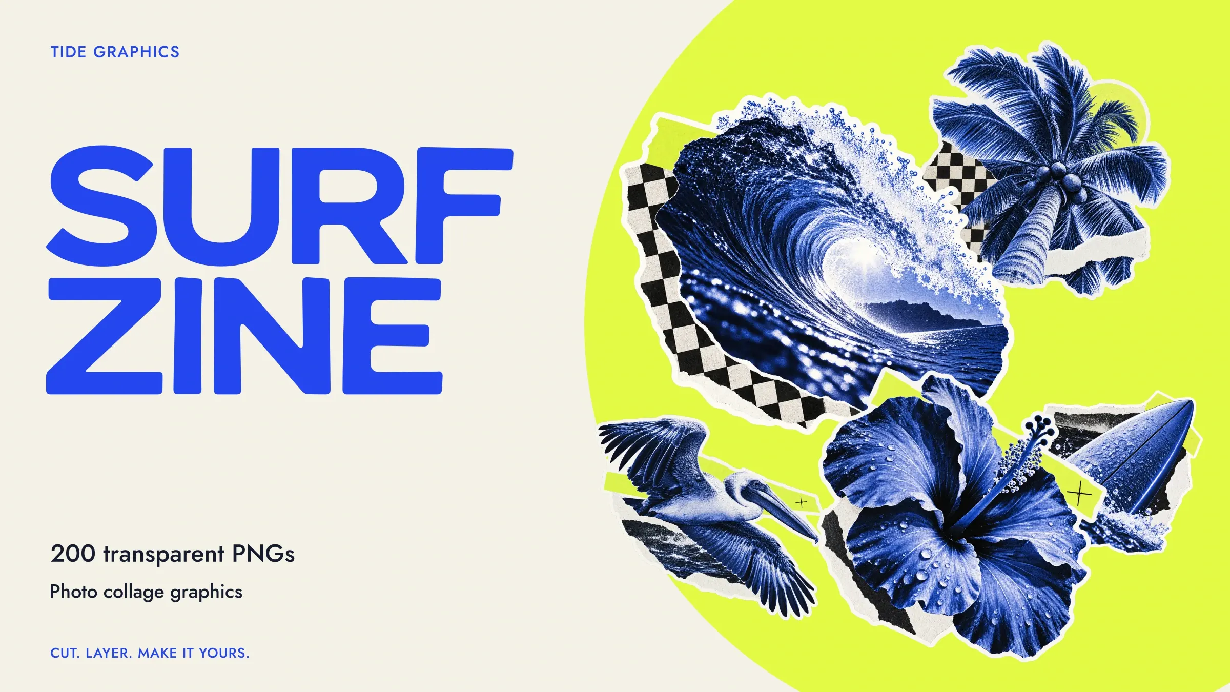 Surf Zine: 200 transparent PNG photo collage graphics. A large cobalt title beside actual wave, palm, surfboard, pelican and hibiscus designs on cream and acid lime.
