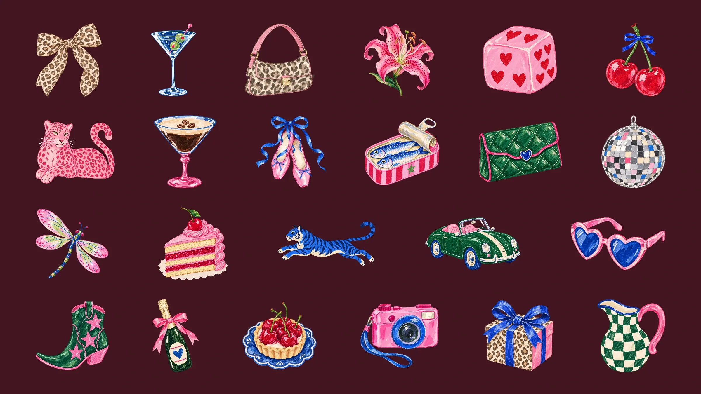 Twenty-three Sweet Mischief bows, animals, cocktails, fashion accessories, and sweet treats arranged in four balanced rows on a solid Black Cherry background.