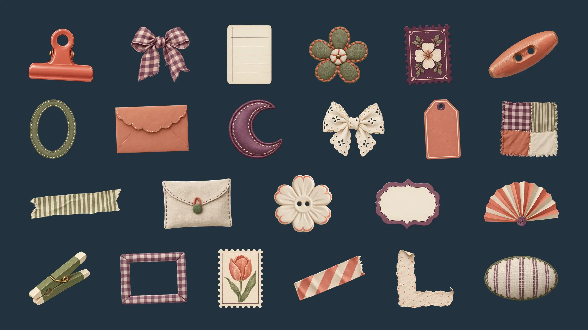 Twenty-three tactile scrapbook graphics including clips, bows, patches, tape, paper pieces, frames, and buttons on a solid Bookbinding Ink background.