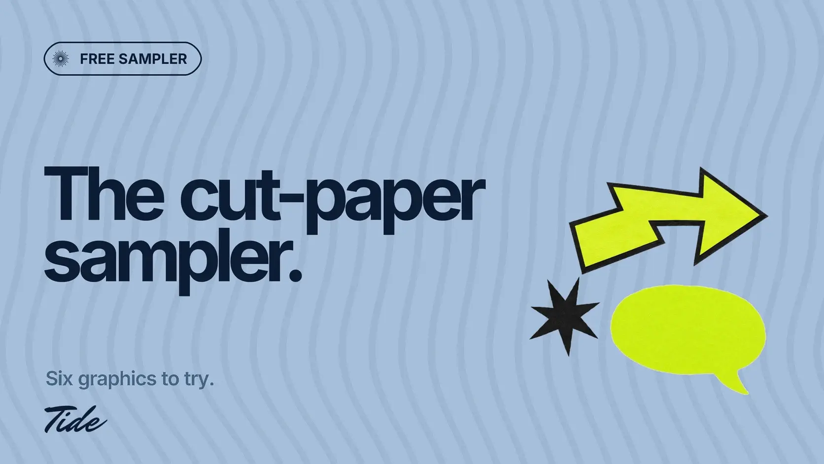 The Cut-Paper Sampler: navy Inter over quiet ocean-blue stripes with the actual chartreuse arrow, lime speech bubble and black starburst.