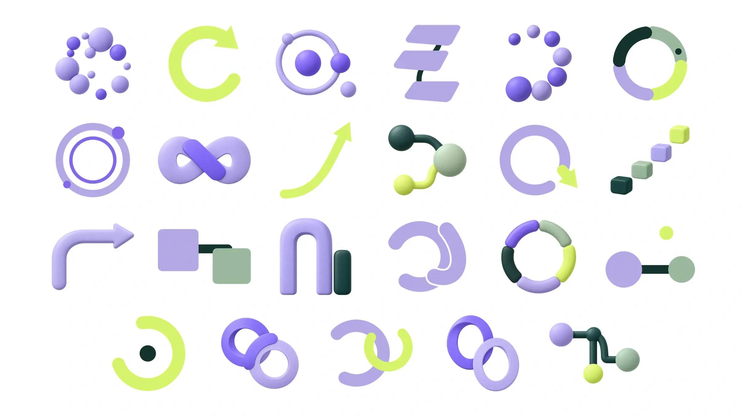 Twenty-three Twin Render Graphics motifs on a solid white background, some flat and some matte 3D, among them orbiting circle clusters, a return-loop arrow, stepped tiles, a progress ring, figure-eight and layered ribbon loops, and connected node paths, in violet, lavender, lime, deep teal, and sage.
