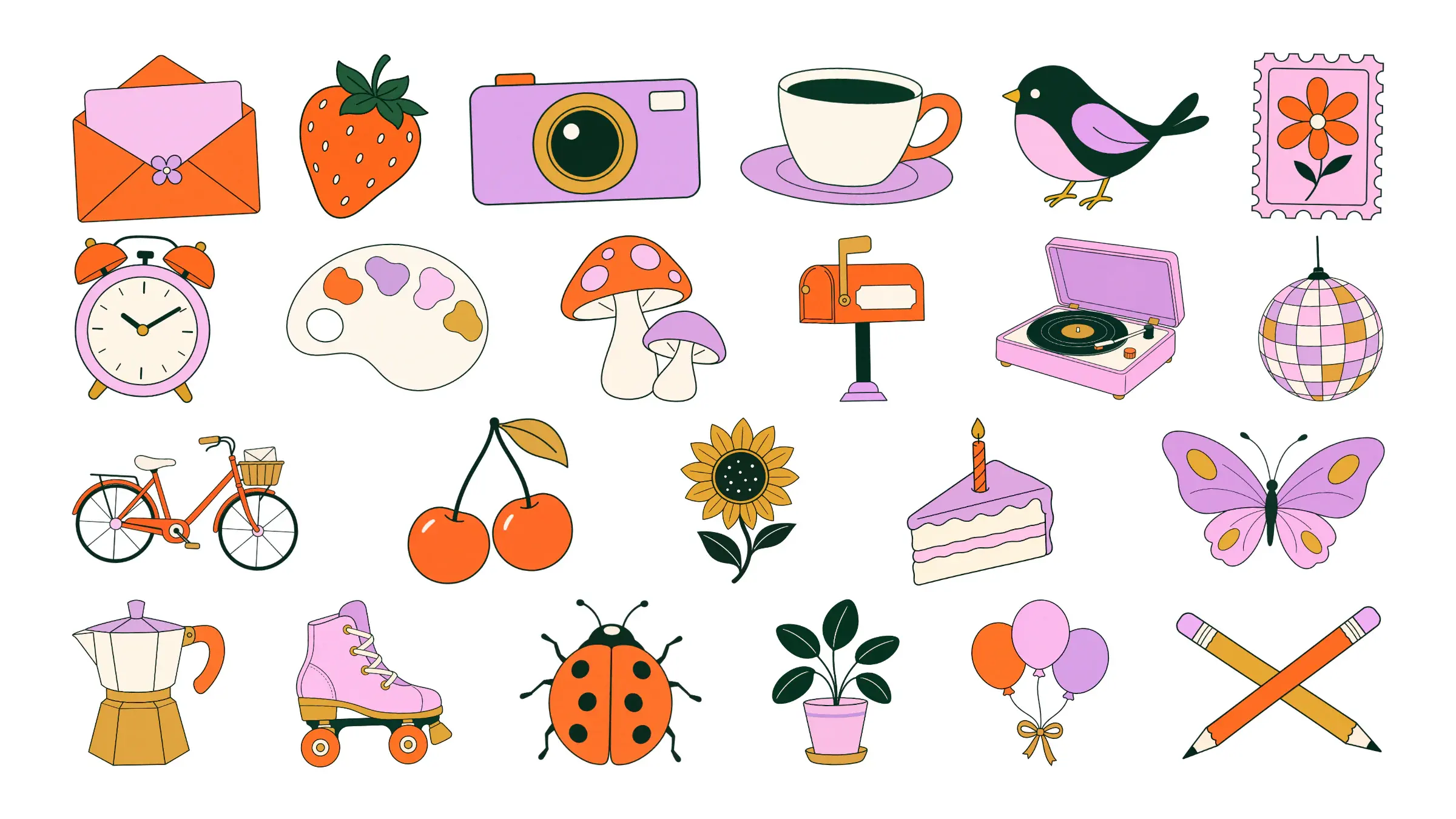 Twenty-three Unhurried Pencil Graphics designs on a solid background, with a pocket camera, a record player, and a roller skate alongside an envelope, a strawberry, a coffee cup, a songbird, a daisy stamp, an alarm clock, cherries, a sunflower, a disco ball, a butterfly, a ladybug, and more.