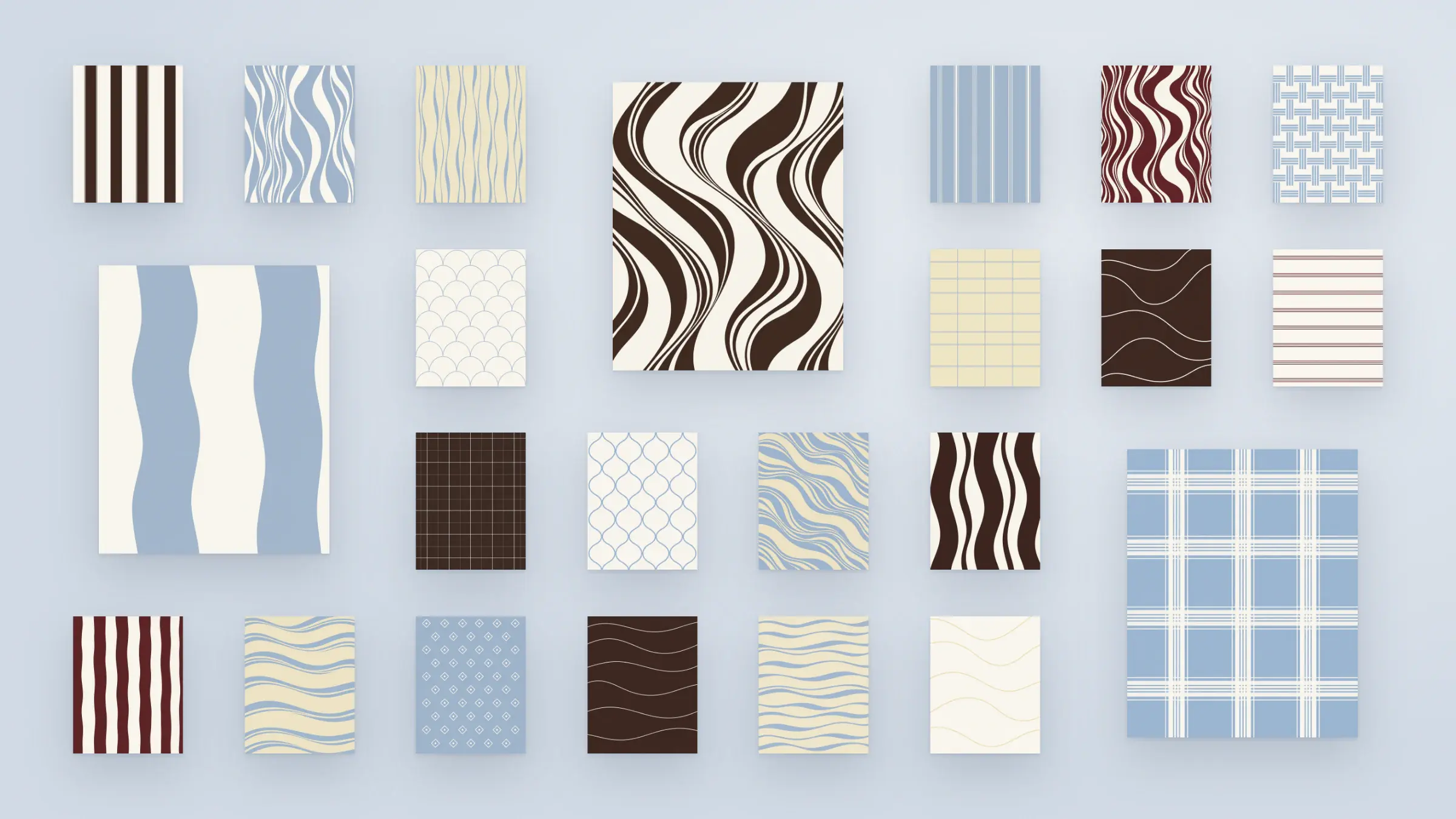 Wallpaper Edit title beside muted blue organic stripes, tailored blue lines and chocolate flowing bands on soft cream.