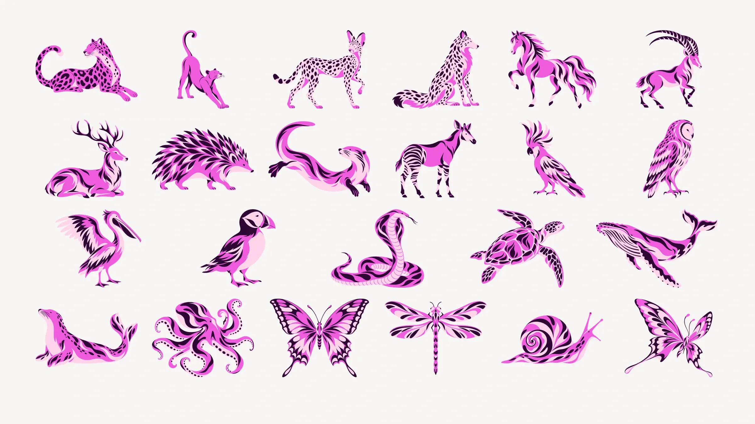 Twenty-three decorative animal illustrations in pink, pale rose, and deep plum, arranged in four rows on a solid soft white background.