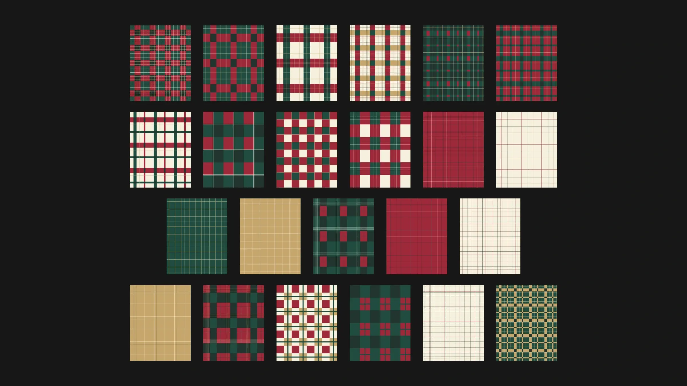 Twenty-three of the collection's full-page plaid papers, with tartans, buffalo checks, gingham, windowpanes, tattersall, and fine grids in ivory, cranberry, pine, gold, and deep green, laid out straight in four rows on a solid charcoal background.