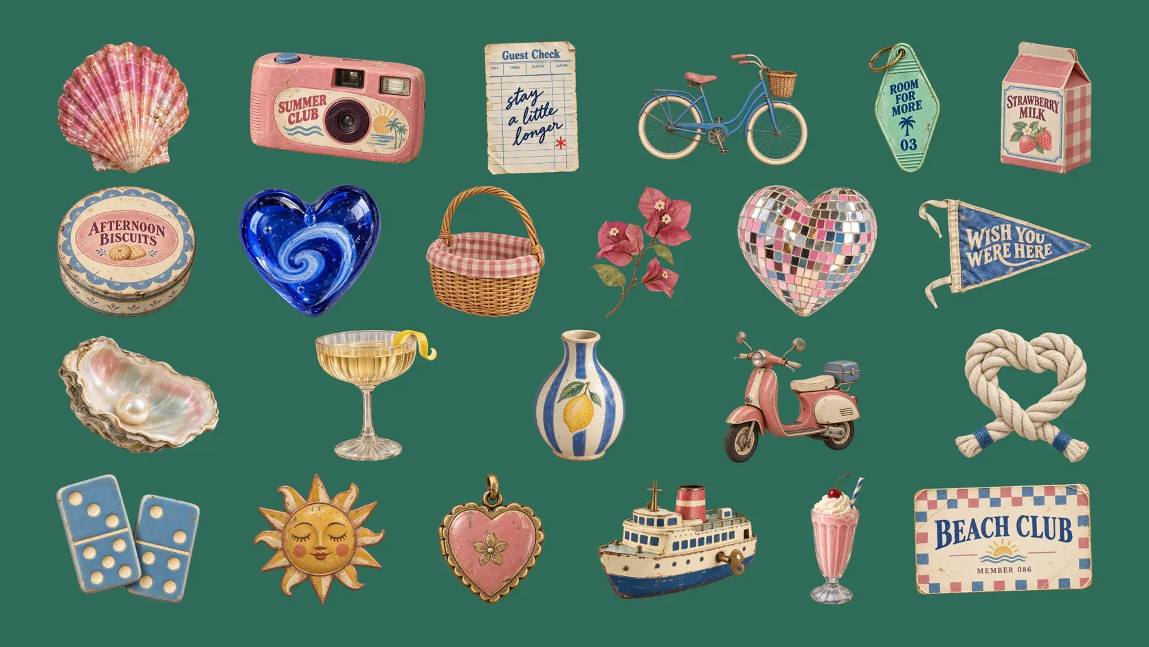 Twenty-three selected Beach-Town Souvenirs graphics arranged in four rows on a solid sea glass background, including shells, a mirrored heart, printed keepsakes, glass, and small vintage objects.