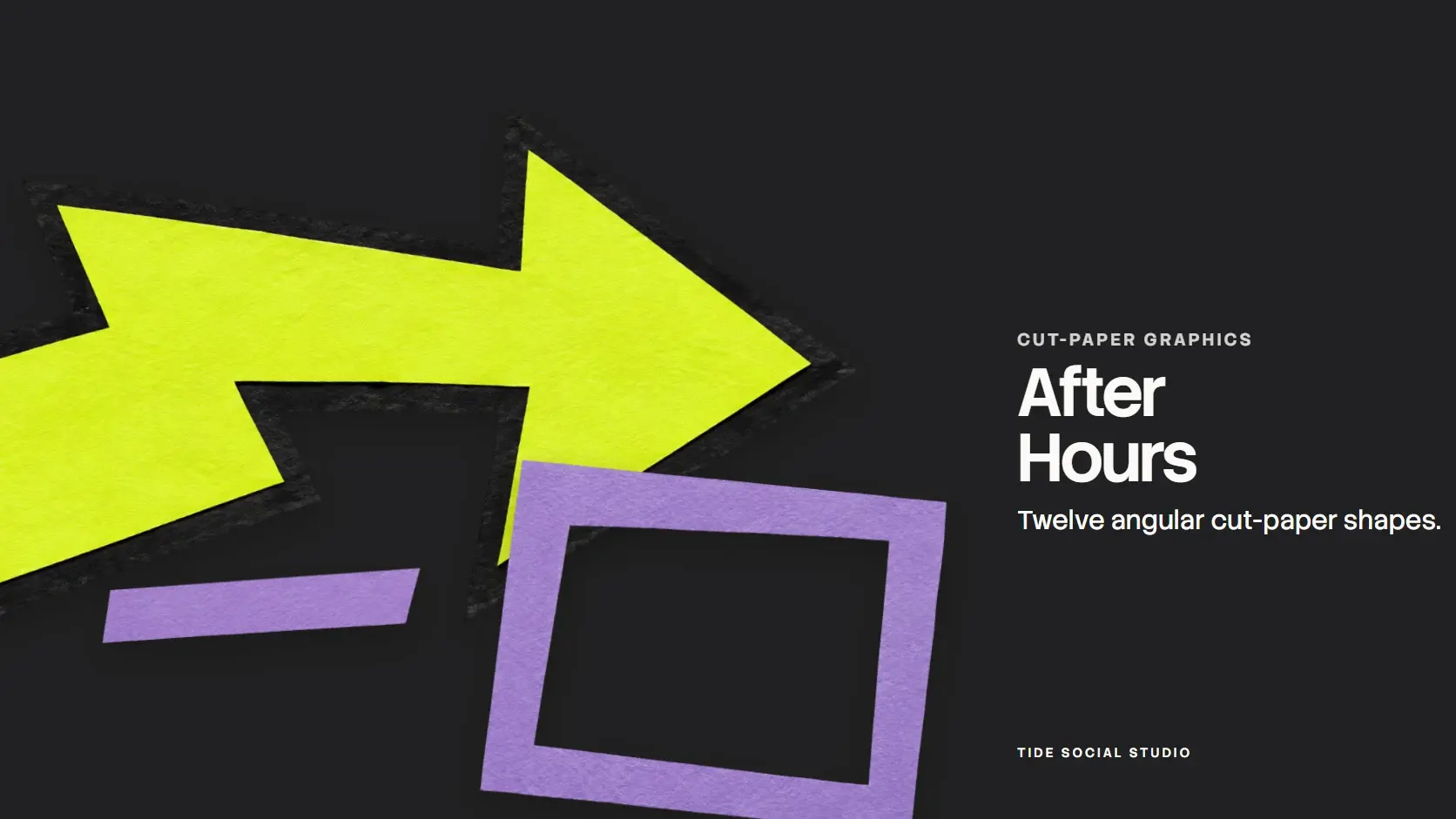 After Hours cover: a chartreuse arrow with a black edge, a lilac frame and a lilac underline on near-black, with the name in white