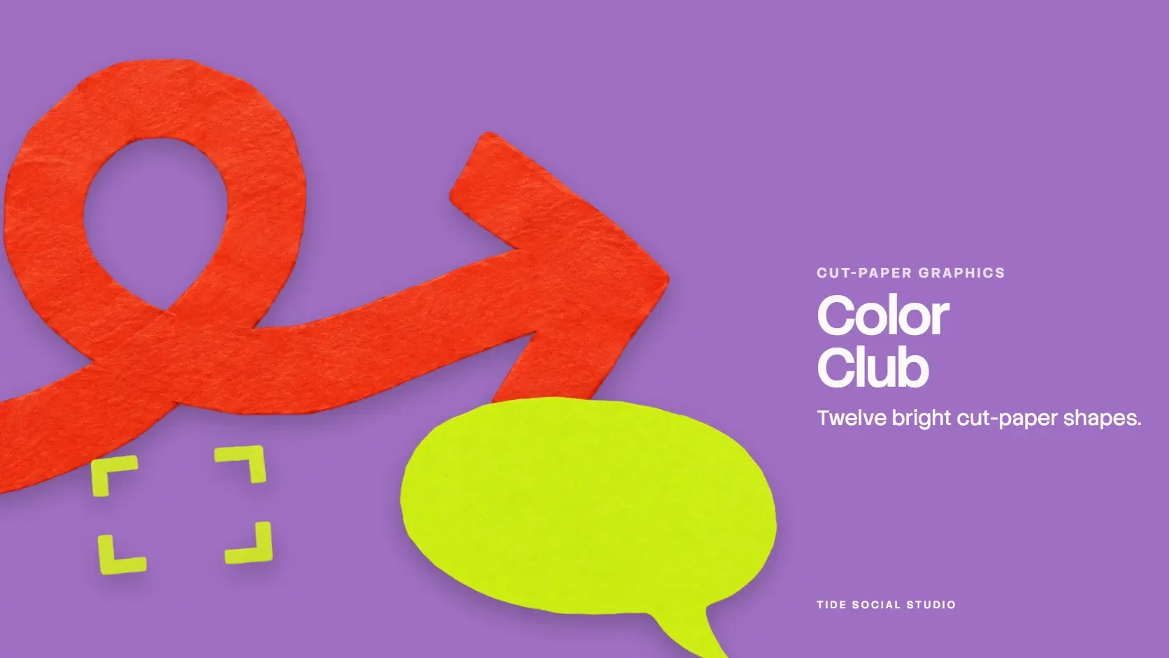 Color Club cover: a red loop arrow, a lime speech bubble and lime corner brackets on orchid, with the name in white