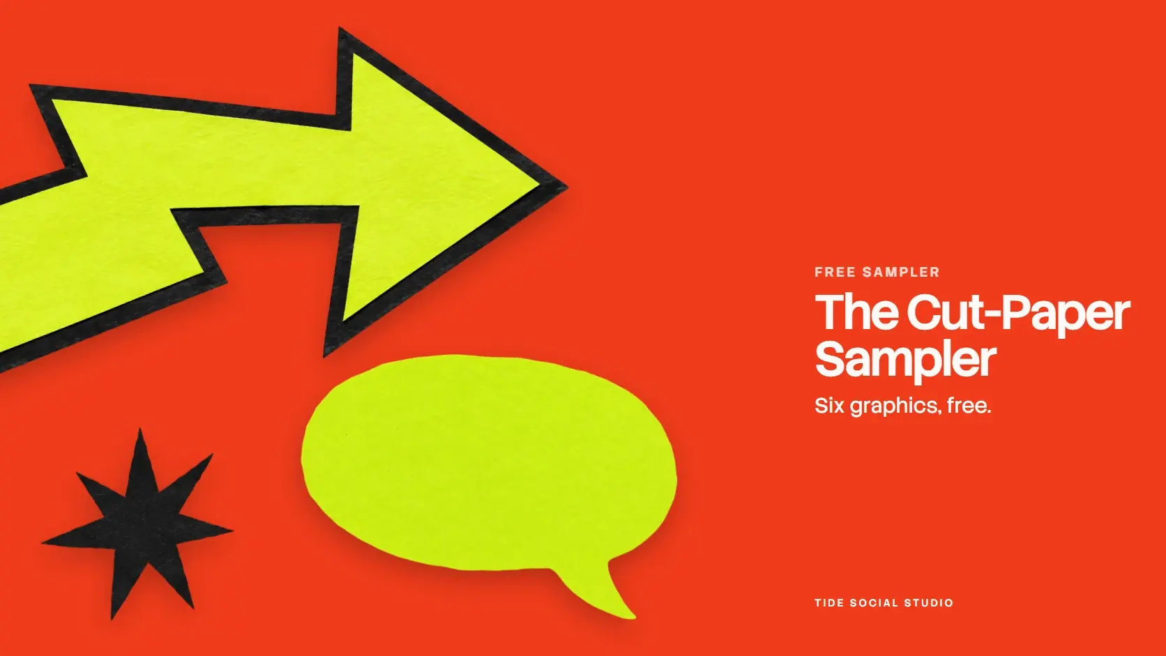 The Cut-Paper Sampler cover: a chartreuse arrow, a lime speech bubble and a black starburst on vermilion, with the name in white