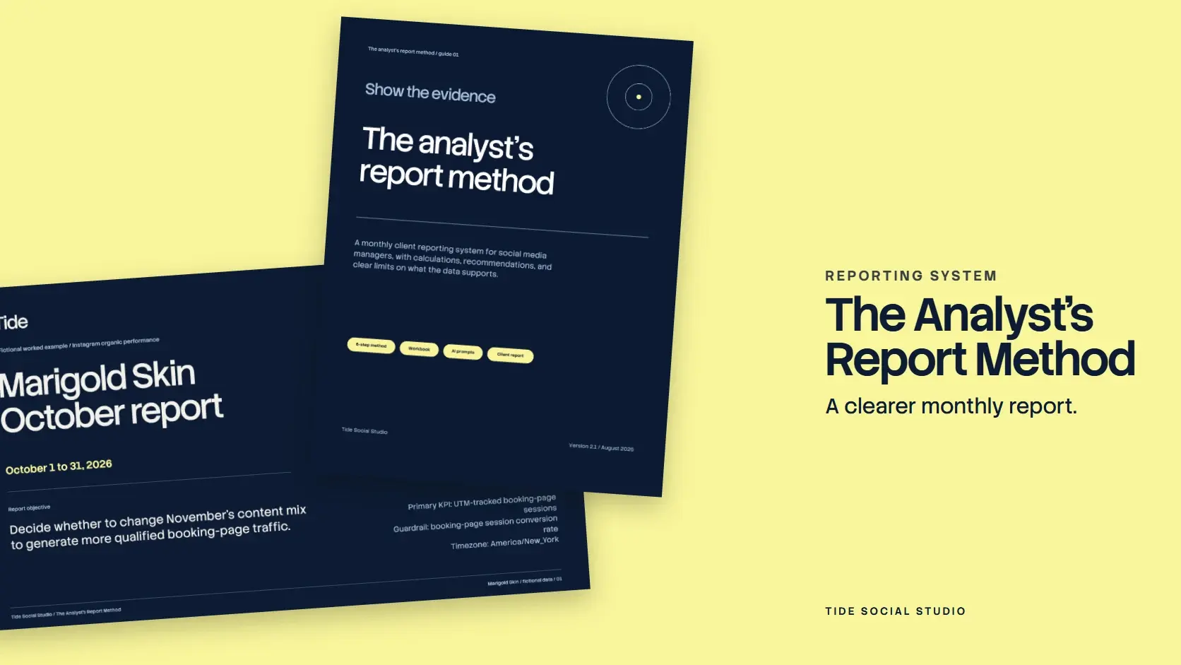 The Analyst’s Report Method cover: the guide’s navy cover and the worked example’s title slide on limoncello, with the name in navy