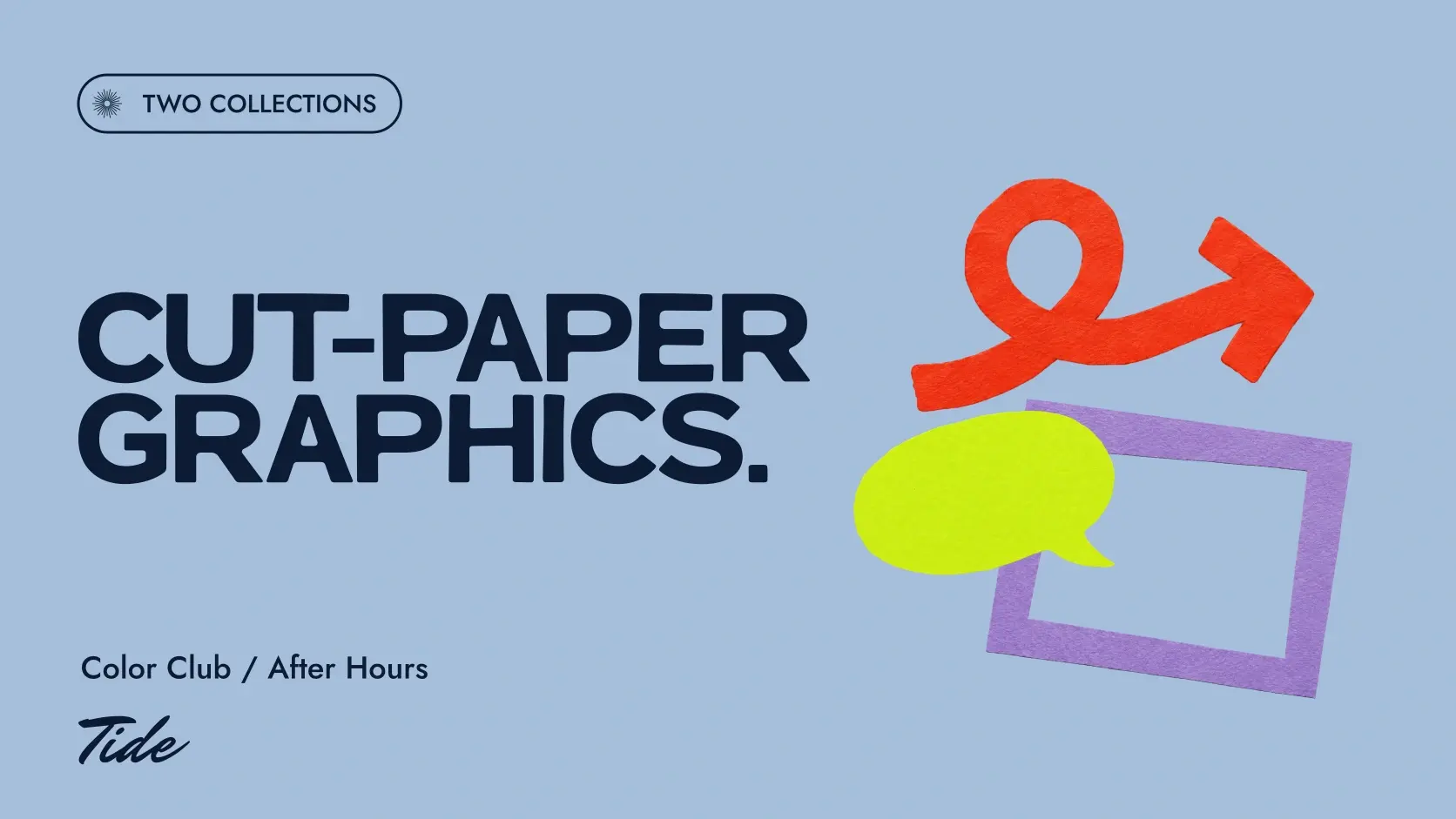 Cut-Paper Graphics: navy all-caps A Little Leisure lettering and Jost Medium text on ocean blue with the original red loop arrow, lime speech bubble and lilac paper frame.
