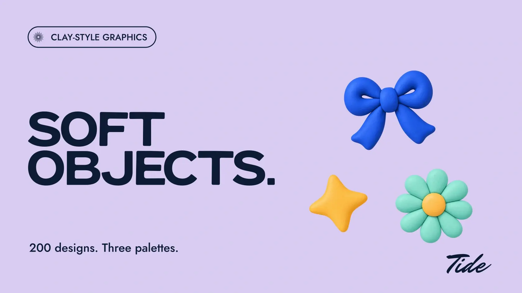 Soft Objects: bold navy A Little Leisure capitals on lavender with the actual blue clay bow, golden star and mint daisy from the collection.