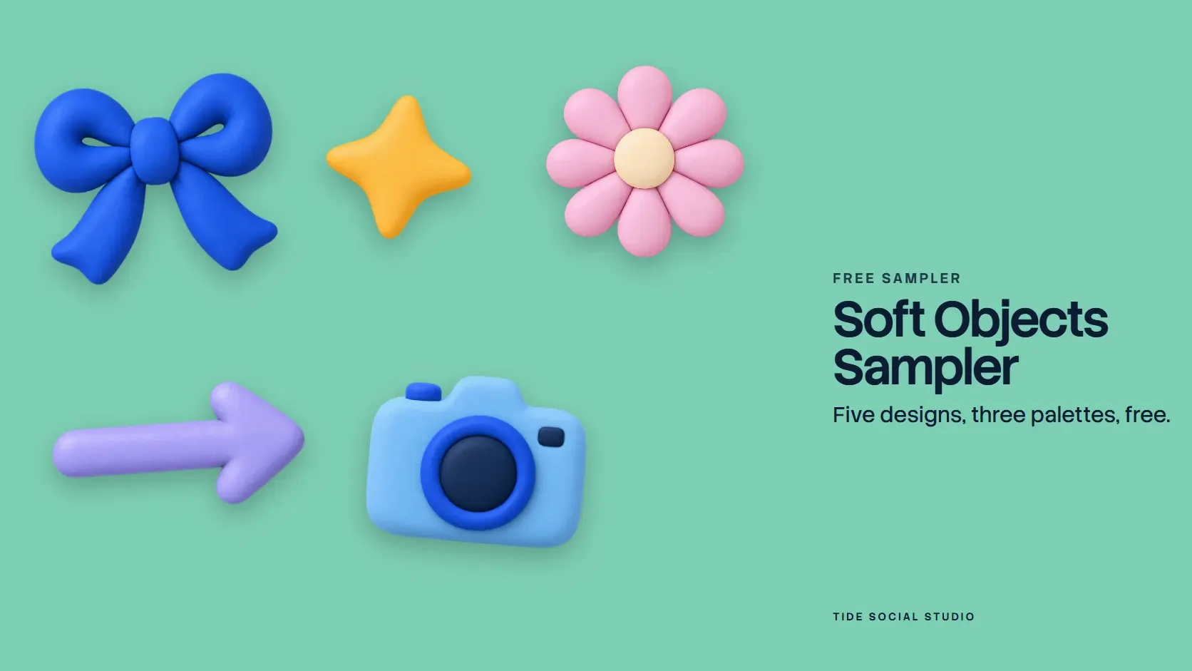 The Soft Objects Sampler cover: a blue bow, a golden star, a pink daisy, a lilac arrow and a blue camera on mint, with the name in navy