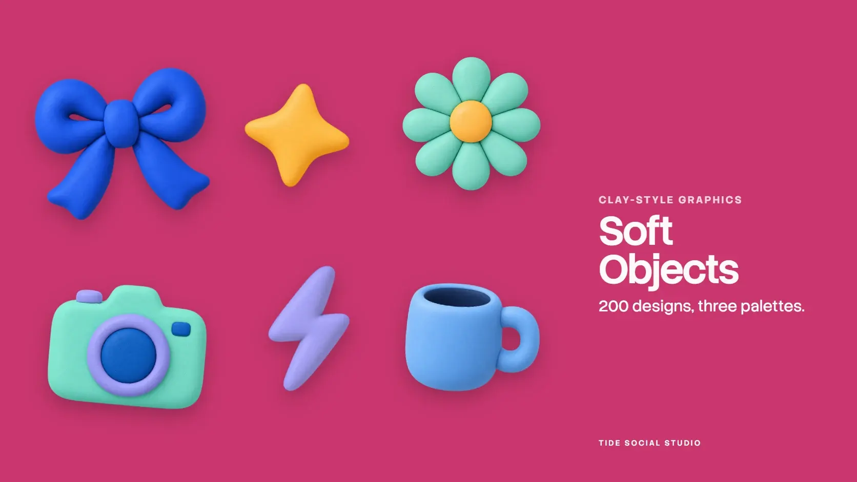 Soft Objects cover: a blue bow, a golden star, a mint daisy, a mint camera, a lilac lightning bolt and a blue mug on raspberry, with the name in white