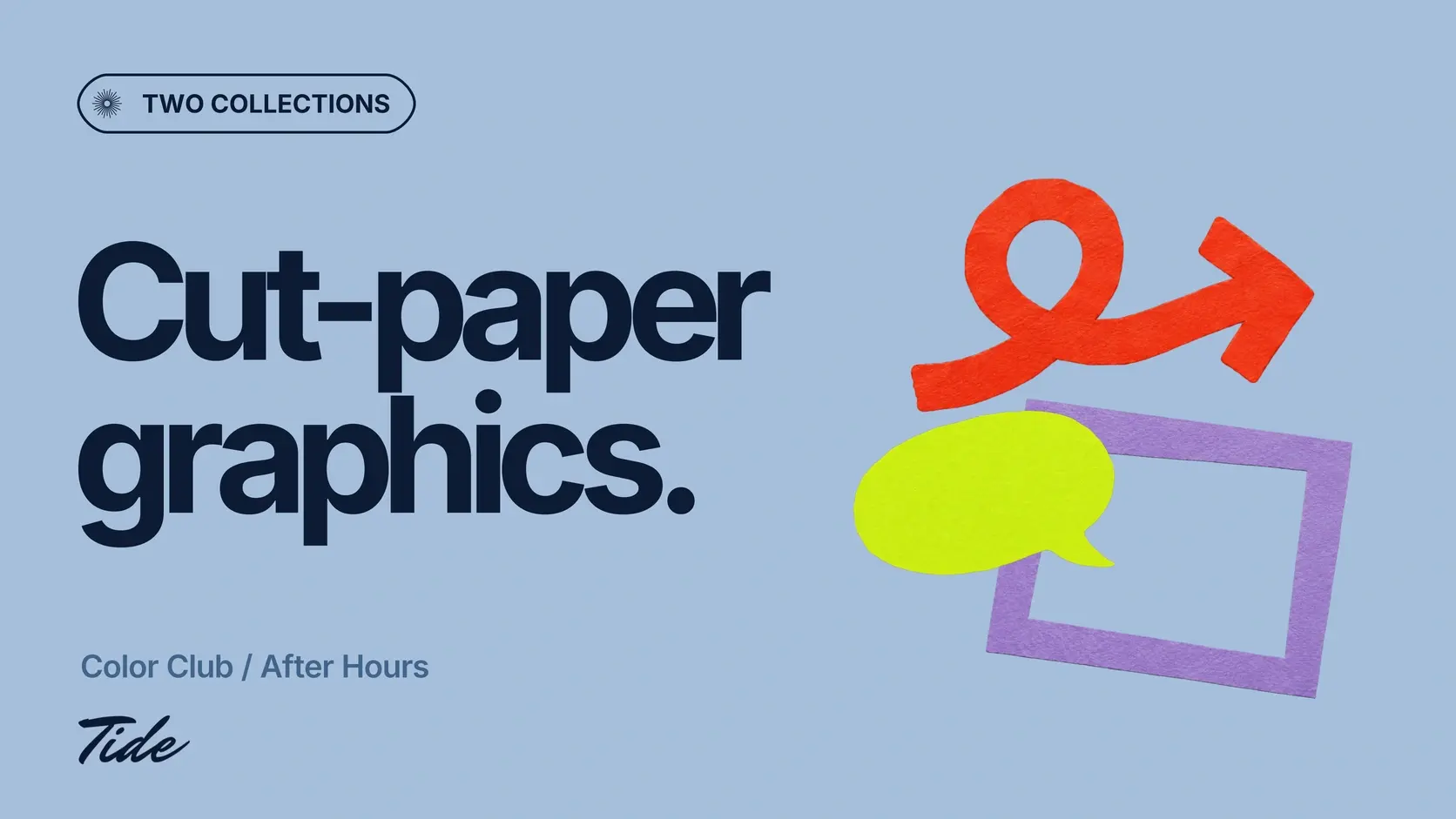 Cut-Paper Graphics: navy Inter lettering on ocean blue with the original red loop arrow, lime speech bubble and lilac paper frame.