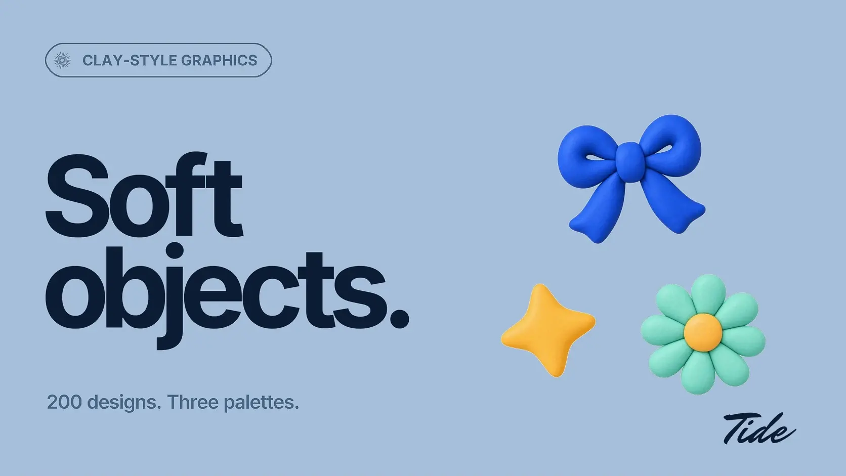 Soft Objects: bold navy Inter on ocean blue with the actual blue clay bow, golden star and mint daisy from the collection.